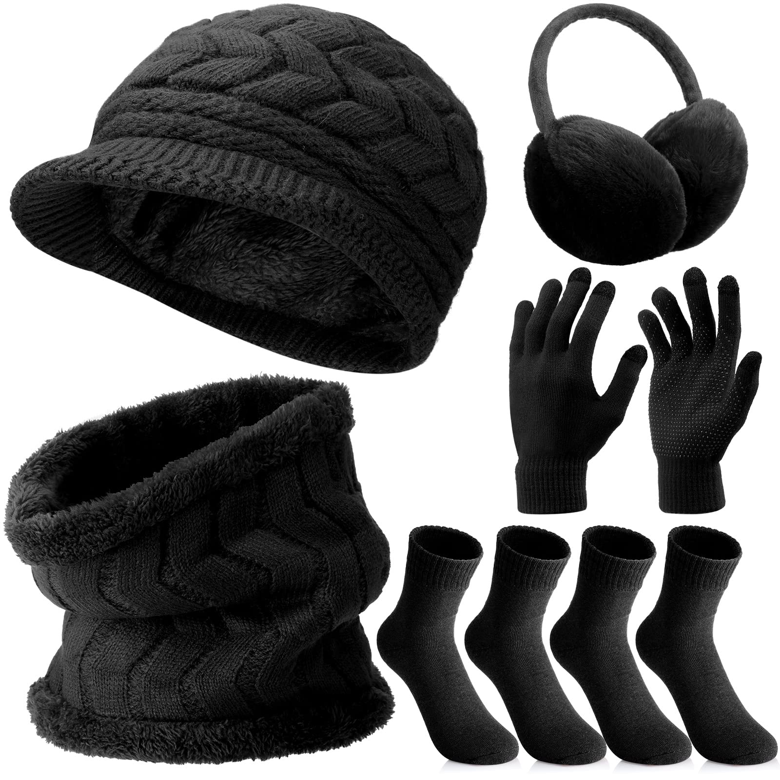 Zhanmai6 Pcs Winter Hat Gloves Scarf Earmuffs Socks Set Knit Beanie Hat Neck Touch Screen Mittens Fleece for Women