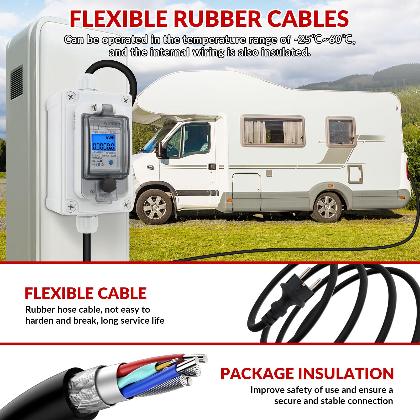 Contatore digitale mobile, 16 A, 230 V, IP65, impermeabile, contatore intermedio KWH con spina CEE per presa, adatto per camper, veicoli elettrici e casa
