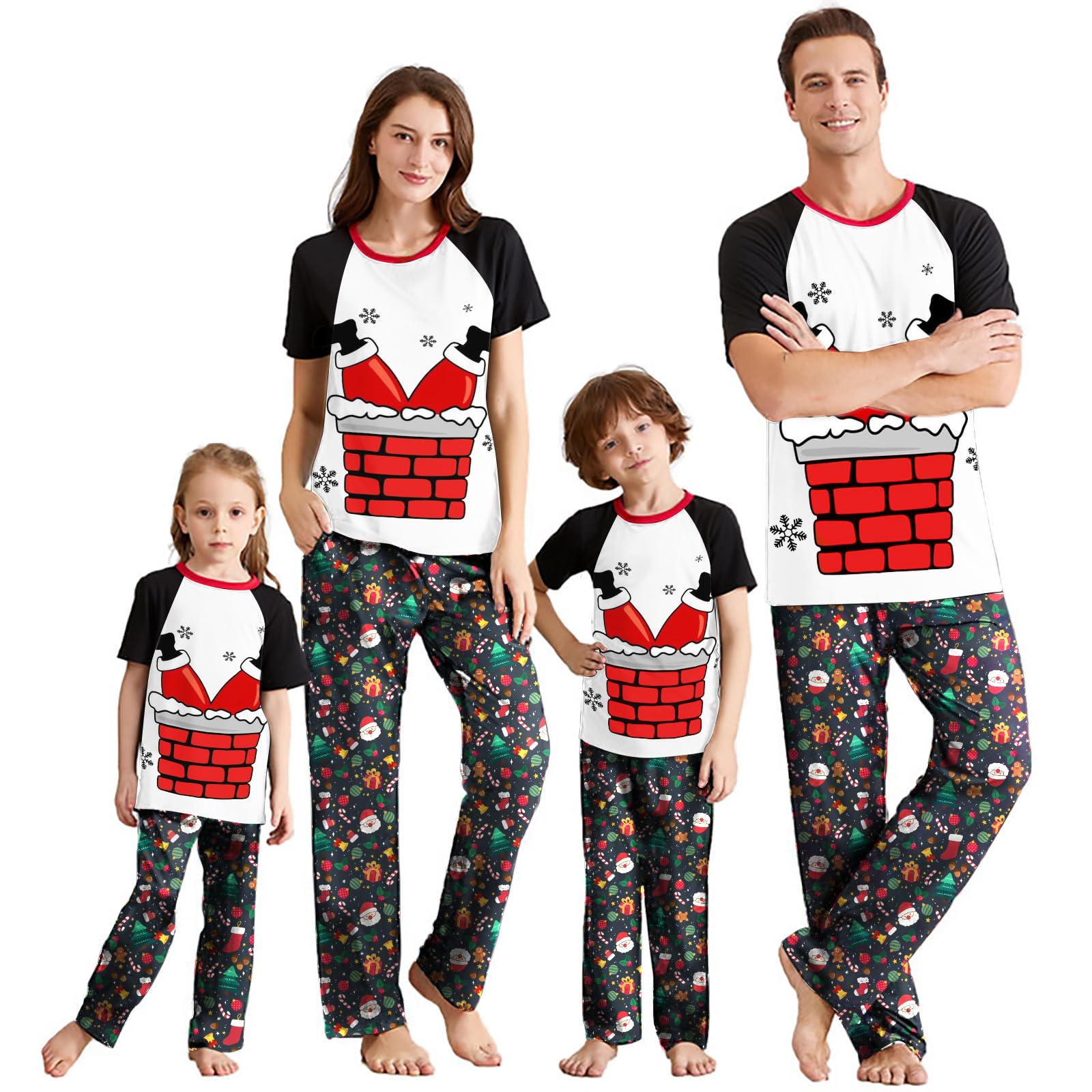 iffei Matching Family Pajamas Sets Christmas PJ's with Short Sleeve Black Tee and HOHOHO Print Pants Loungewear-picture-10