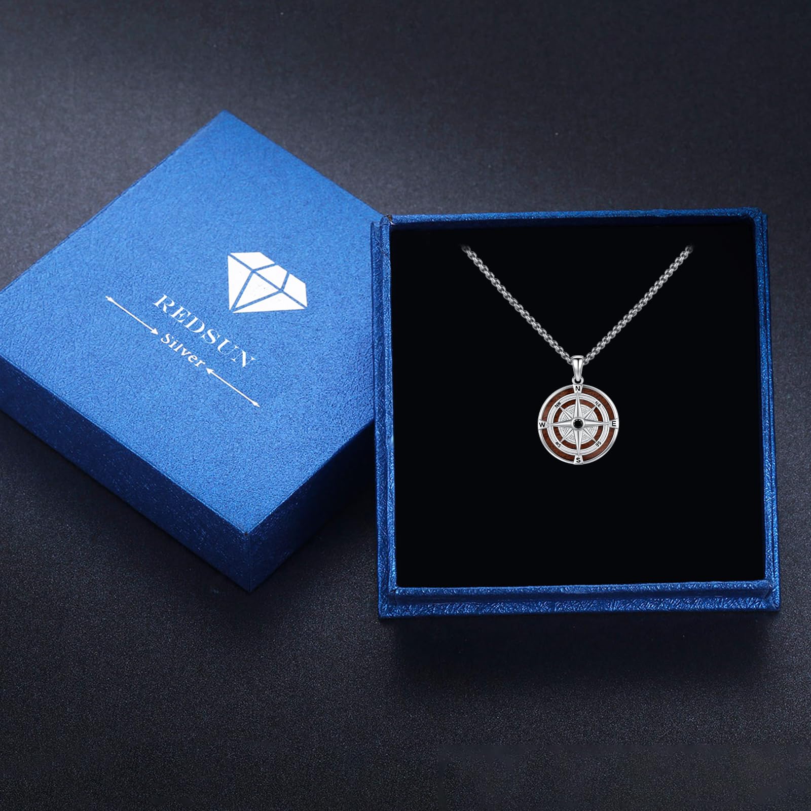 REDSUN Kompass Kette Herren Silber - Vintage Ebenholz Wikinger Schmuck