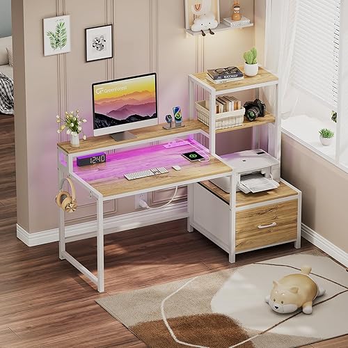 Miniatura 18 de GreenForest Escritorio de oficina con tomas de corriente y estante para impresora, escritorio de computadora de 59 pulgadas con LED y cajón,