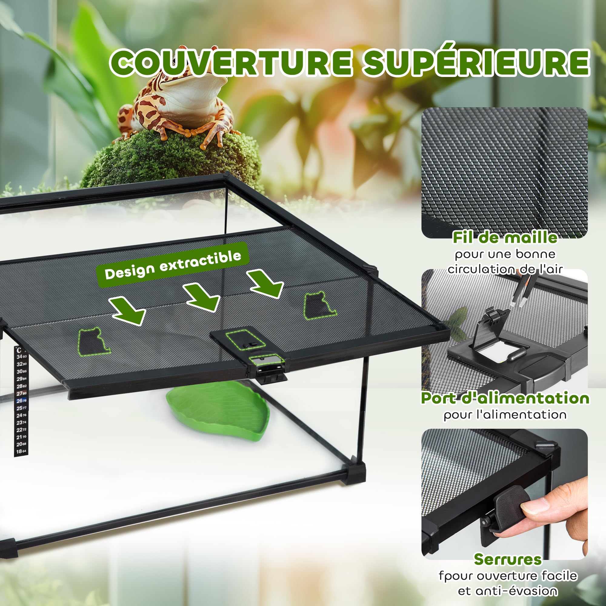 PawHut Boîte à Reptiles boîte d'élevage de Reptiles Habitat de Terrarium Transparent Couvercle Coulissant Treillis métallique Distributeur d'eau thermomètre Inclus Verre métal 50x30x25 cm Noir - 5