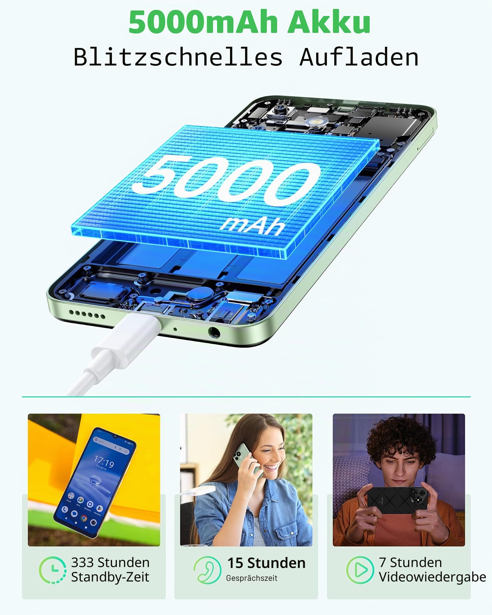 Ulefone Note 19 Handy Android 14, 6GB RAM+64GB ROM/SD-512GB, 6.56" HD+ Octa Core, 5000mAh Akku, 8MP+5MP Kamera Smartphone Ohne Vertrag DREI Kartenfächer Dual SIM 4G/Face ID/GPS/OTG/FM Schwarz