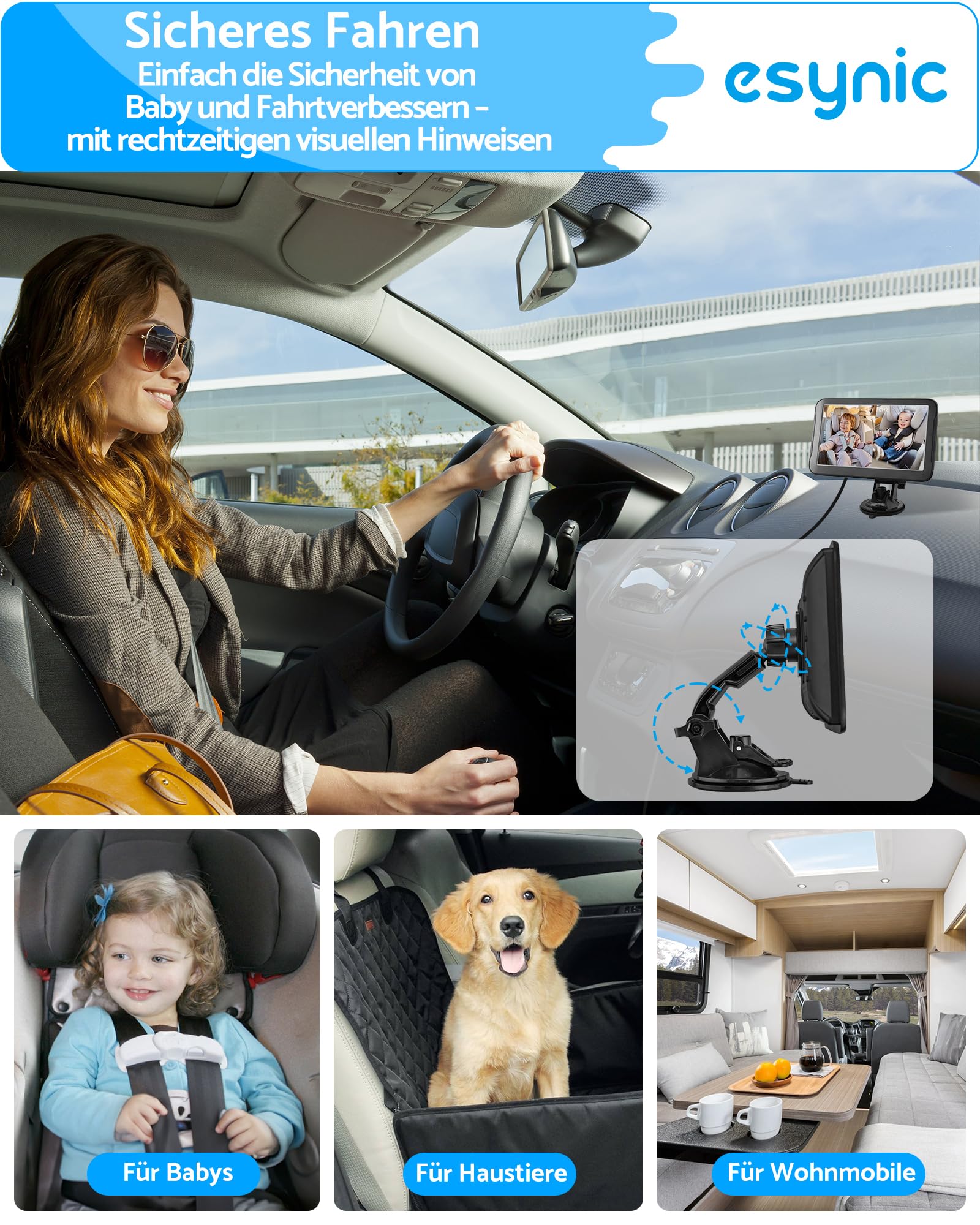 eSynic Autospiegel Baby Rücksitz Doppelmonitor 5" HD Rückspiegel für Auto, 1080P Nachtsicht Auto Rückspiegel Monitor, 170° Weitwinkel, 2 Kameras Unterstützt, 360° Drehbar, Sicher für Babys