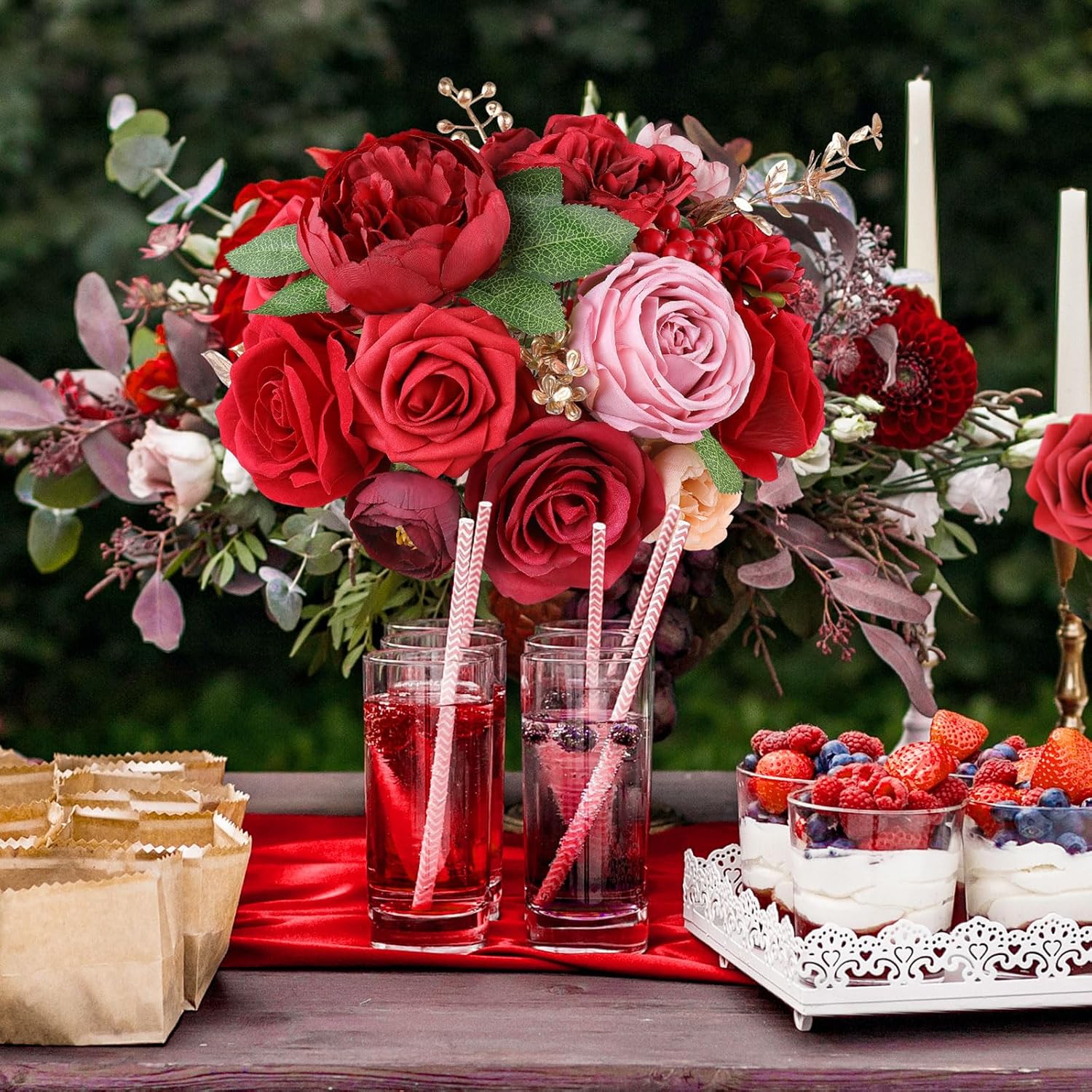 AmyHomie Red Artificial Flowers Combo Silk Mix Peony Rose Fake Flowers w/Stem for Valentine's Day DIY Wedding Bouquets Centerpieces Table Fall Decor Party Bridal Baby Shower Home Decorations - Image 2