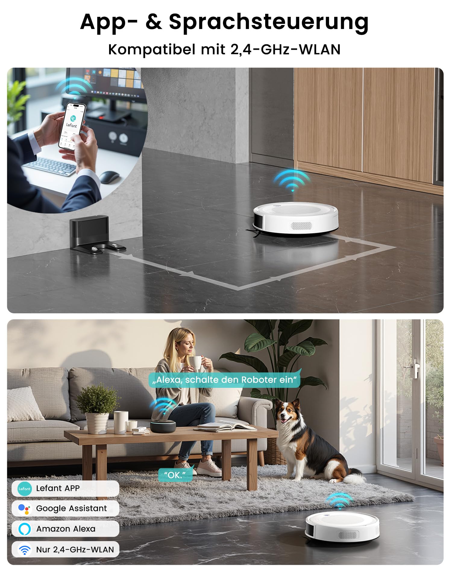 LEFANT Staubsauger Roboter mit Wischfunktion Ultra Dünner, Staubsauger Roboter Anti-Tangle, Präzise Hindernisvermeidung, App, Alexa Steuerung für Tierhaare Teppiche, M310 Ultra Weiß