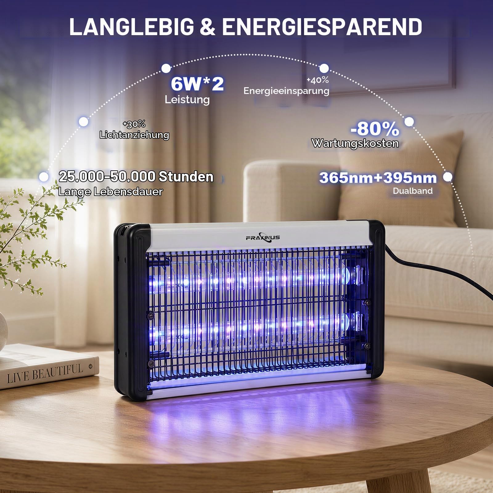 FRAXINUS Insektenvernichter Elektrisch, Fliegenfalle Innenbereich, Mückenfalle Innen, UV Mückenlampe, Energiesparende LED-Licht, Perfekt Gegen Fliegen Motten, Mücken. (Verbesserte mit 1,5m-Kabell)
