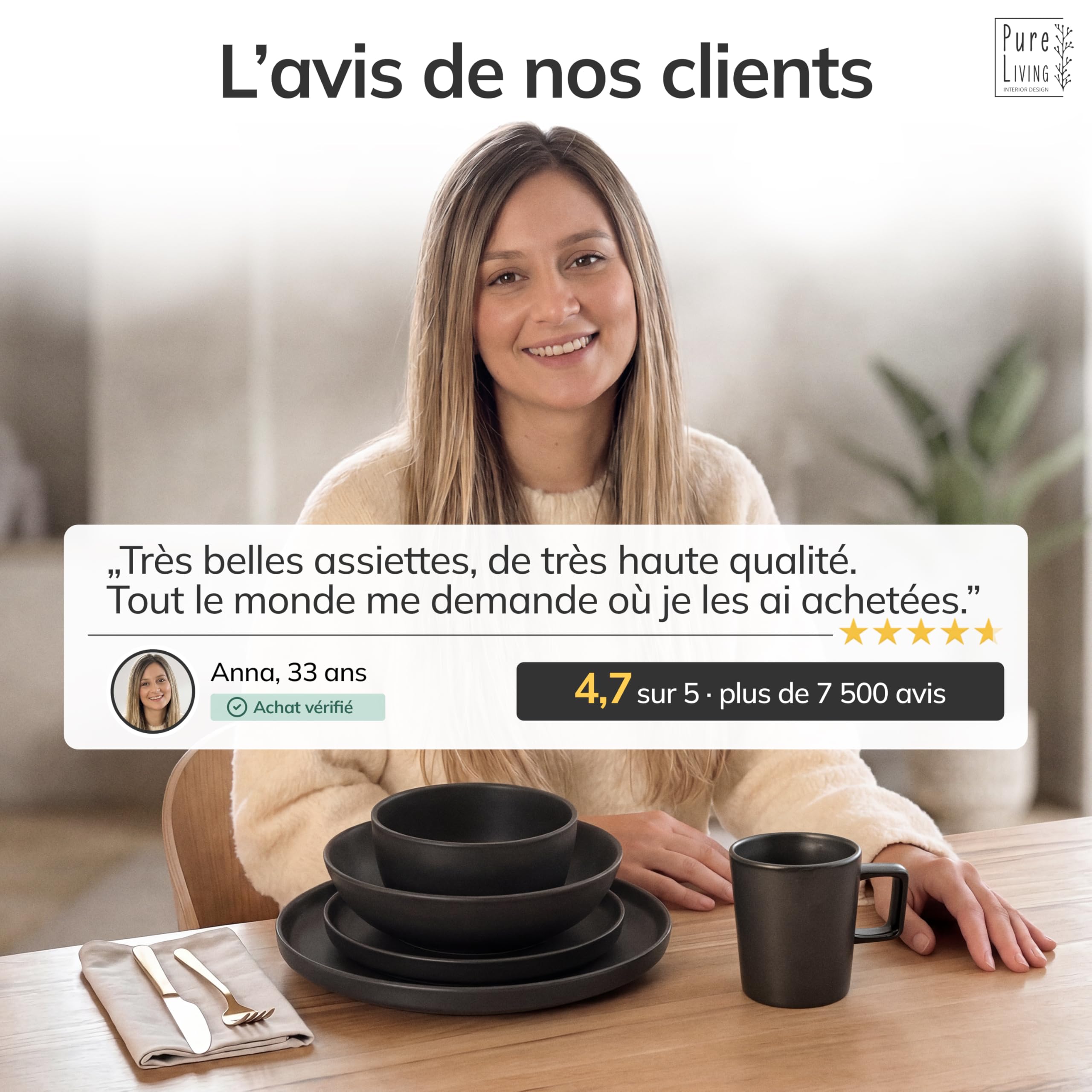 Ensemble de Assiettes Creuses 6 pièces Manhattan Noir Mat - Faïence Premium, Lave-vaisselle, Micro-ondes - Assiettes Stylishes, Service Vaisselle - Collection Pure Living Urban Black Line