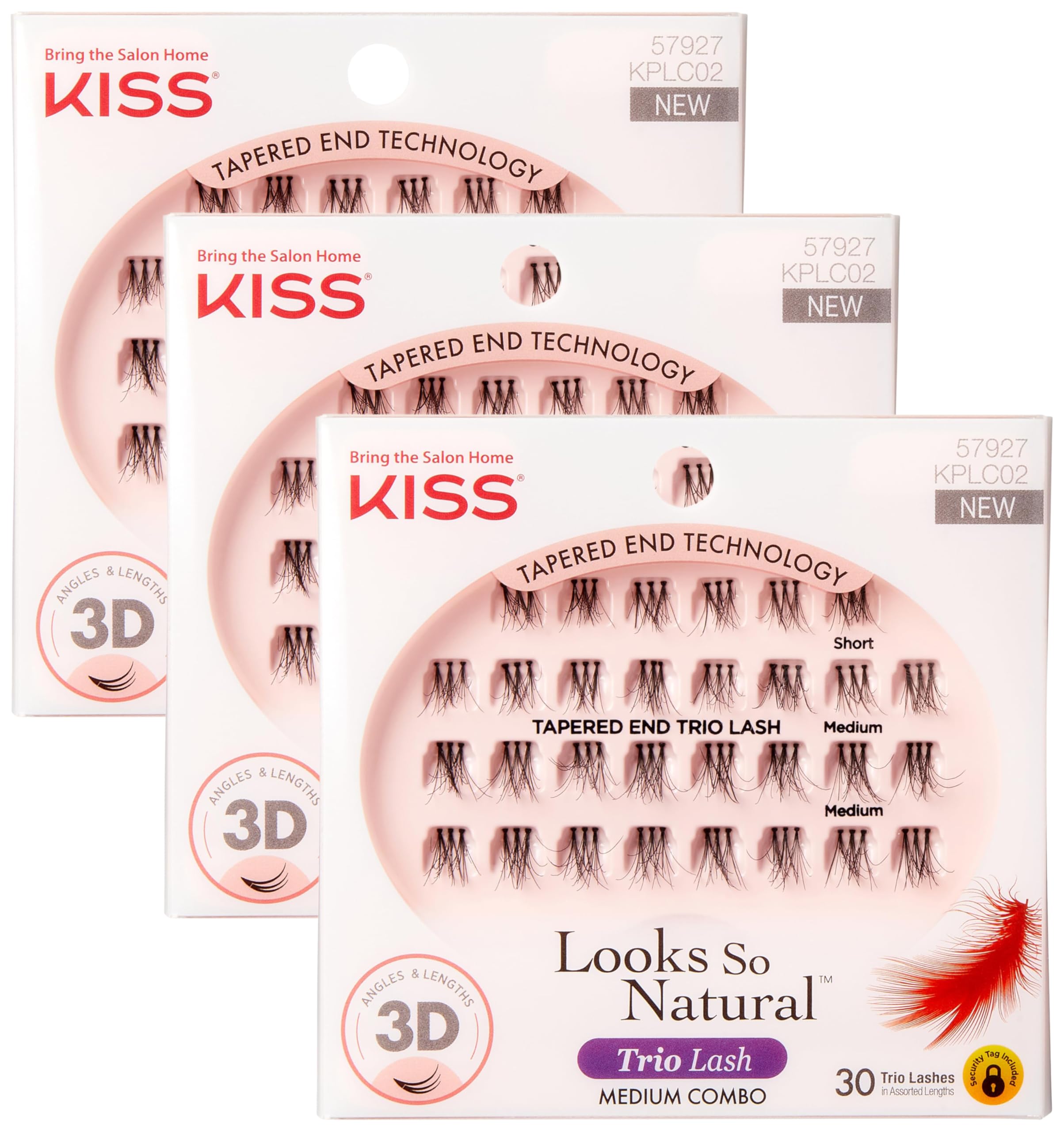 KISS Looks So Natural Trio Lash Medium Combo Pack, False Eyelashes with Tapered End Technology, 3D Lengths & Angles, Easy Grip Tray with Built-In Glue Pocket, 30 Trio Lashes in Short & Medium Lengths