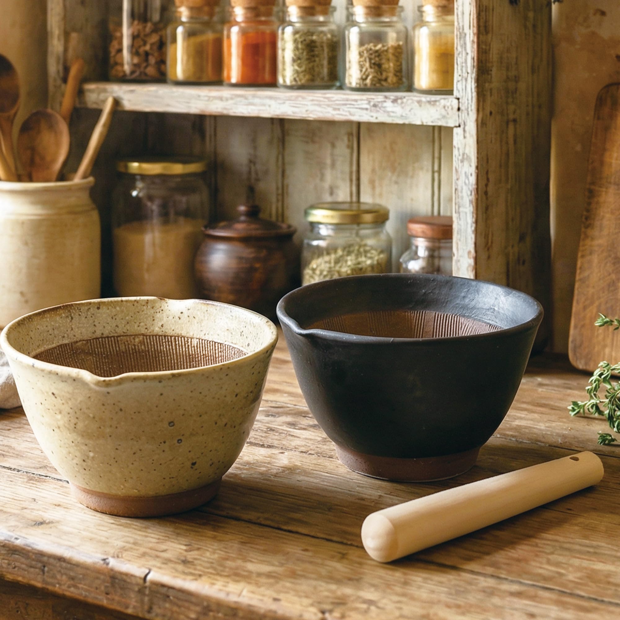 Asayu Japan Set mortaio e pestello in ceramica con pestello in legno, prodotto in Giappone, lavabile in lavastoviglie e utilizzabile nel microonde, set Suribachi e Surikogi scanalato - Set mortaio e p