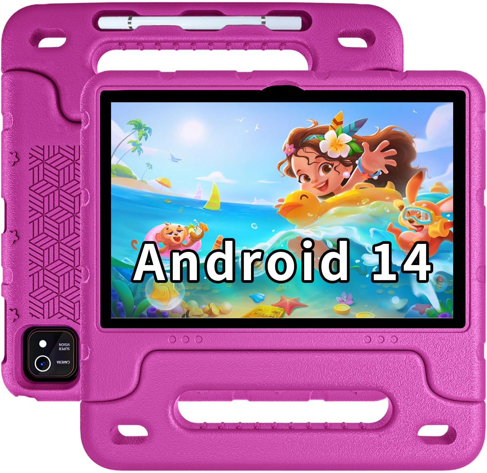 EDDBNi Kids Tablet Android 14 Tablet 10 inch Kids Tablets with Case Quad Core 64GB Dual Camera Parental Controls 2.4G WiFi Educational Tablets (粉红色)