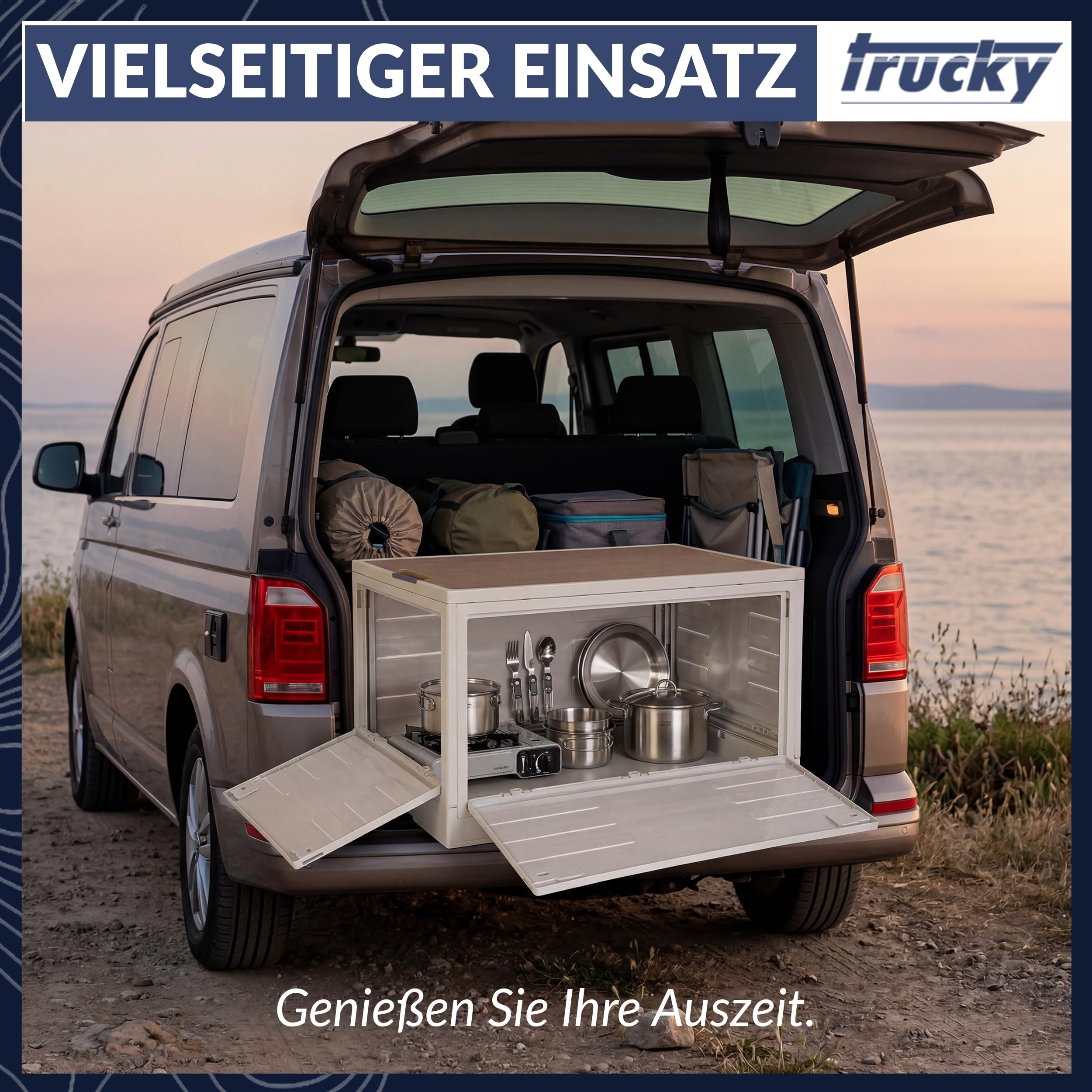 Trucky Scatola portaoggetti con coperchio, 75 l, 58 x 40 x 33 cm, da campeggio, pieghevole, con coperchio, colore beige