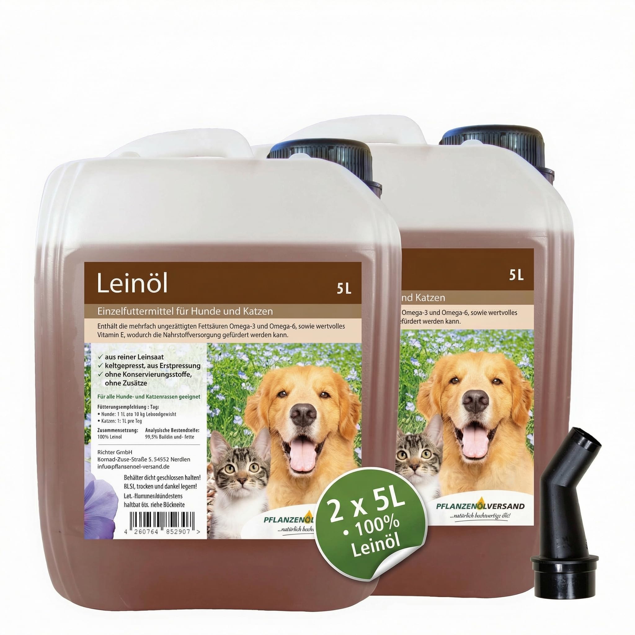 Leinöl für Hund & Katze, kaltgepresst aus Erstpressung, 100% rein ohne Zusätze, Einzelfuttermittel, Futteröl für Barf & Trocken-/Nassfutter, 2 x 5 l Vorrat inkl. Ausgießer