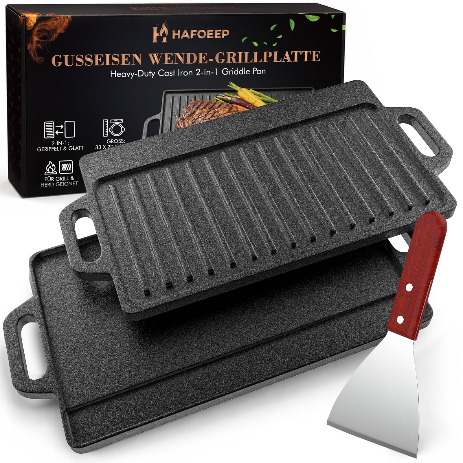 HAFOEEP 2-in-1 Cast Iron Reversible Griddle Pan with Handles & BBQ Spatula
