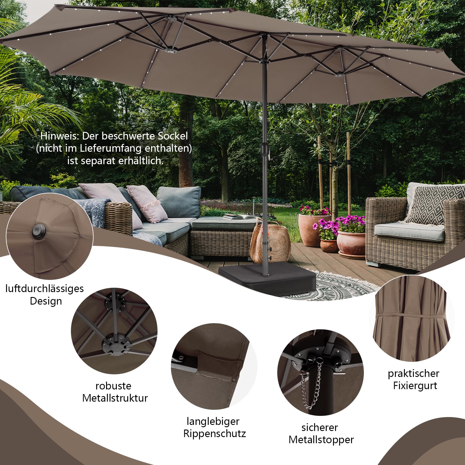 COSTWAY Podwójny parasol przeciwsłoneczny z oświetleniem solarnym LED, 450 x 260 cm, rozmiar XXL, UPF 50+, parasol ogrodowy z korbą, parasol tarasowy, Podstawa parasola nie jest dołączona, (brązowy)
