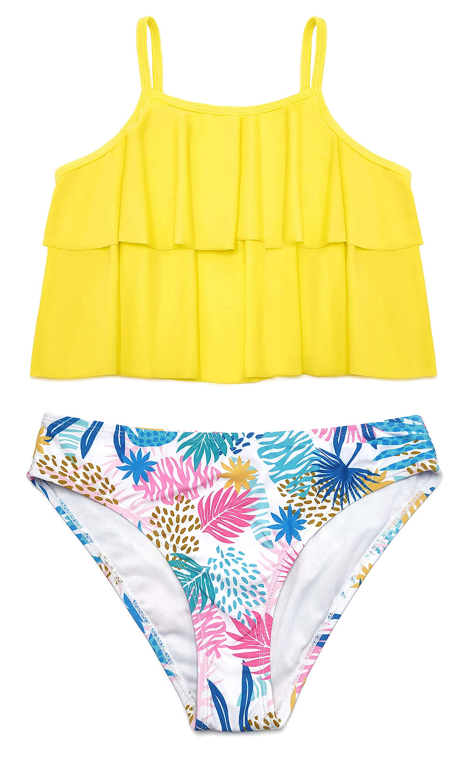 SHEKINI Conjunto de Bikini de 2 Piezas para Niñas Traje de Baño con Volantes de Doble Capa Parte Inferior de Hawaii con Cintura Baja Traje de Baño Floral Dulce