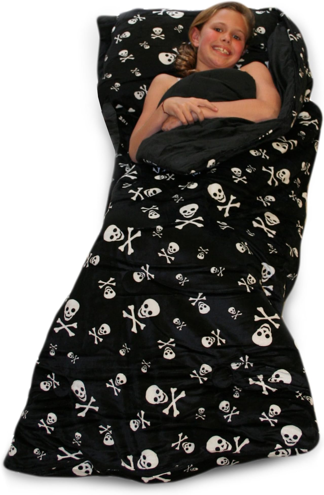 Thro Ltd. Skull & Crossbone Collection Microluxe 60 by 65 Sleeping Bag with Attached Pillow, Black/White