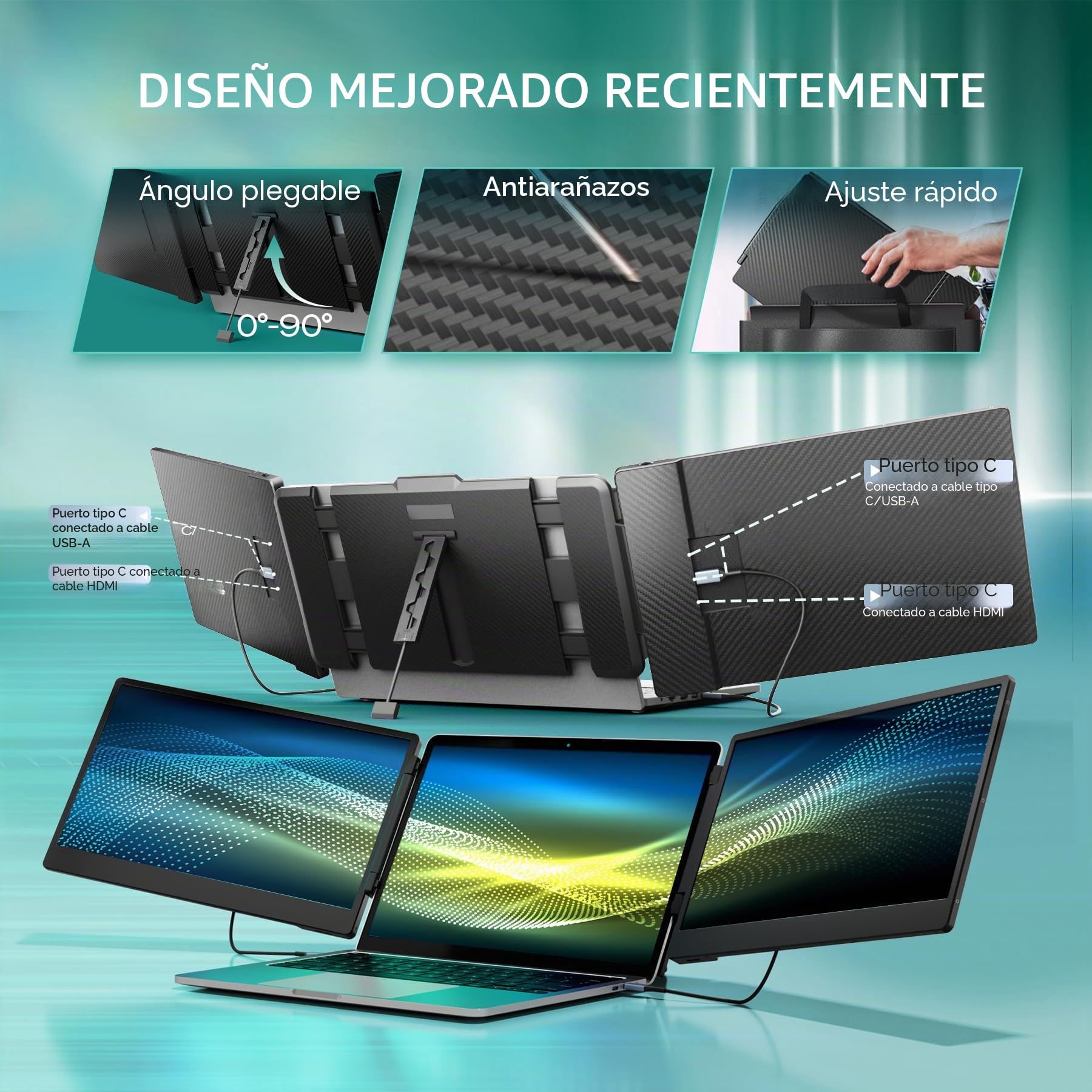 Teamgee Monitor Portátil 14”, Extensor de Pantalla FHD IPS para Laptop con Soporte Plegable de 90°/Altavoces Duales, Extensor Pantalla Portatil para 13"-18" para Mac, Wins, Android, Dex