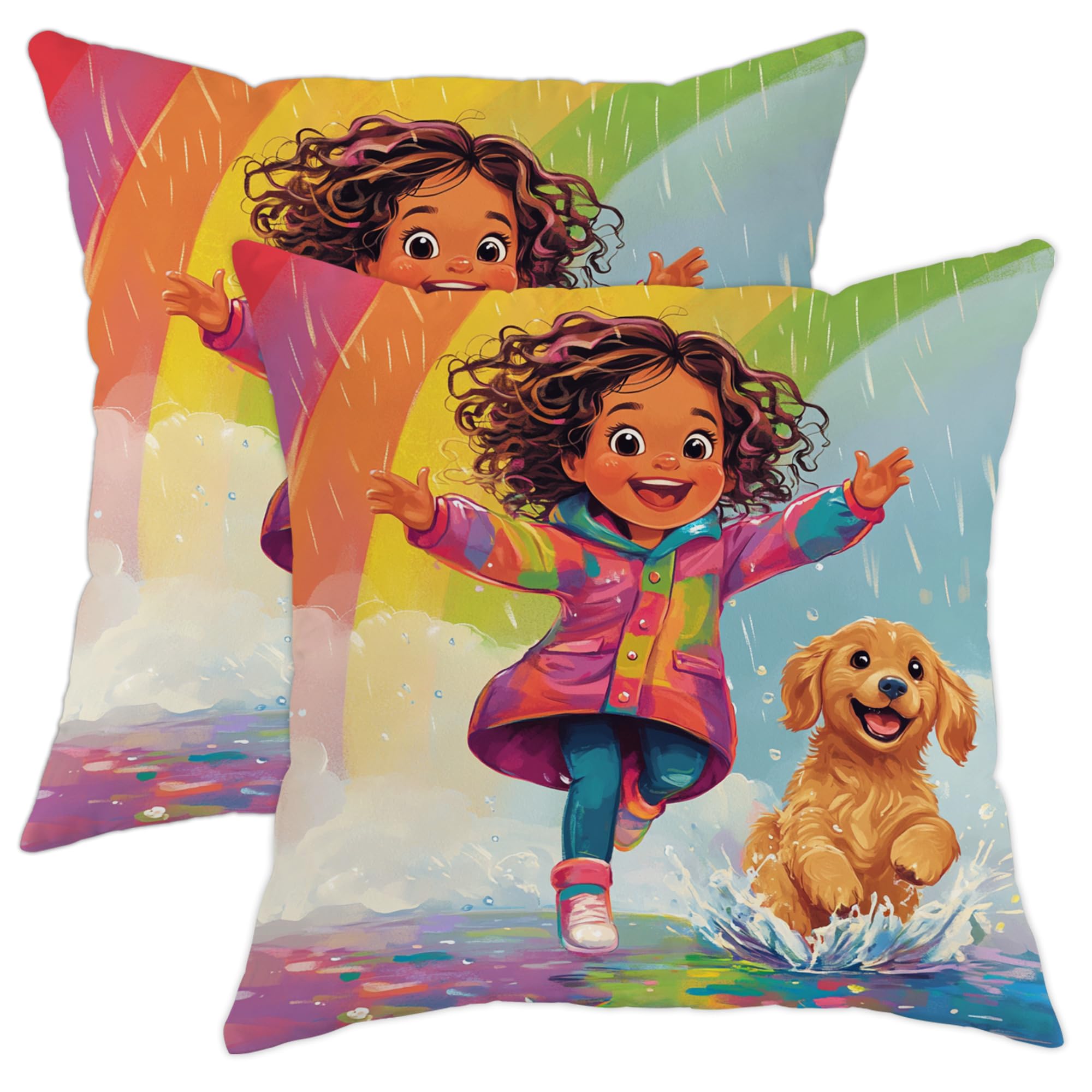 Kids Rainbow Pillow Covers Set of 2, Colorful Children Playing with Dog Decorative Cushion Cases, Fun Seasonal Accents for Home Sofa Couch Living Room 18x18 Inch