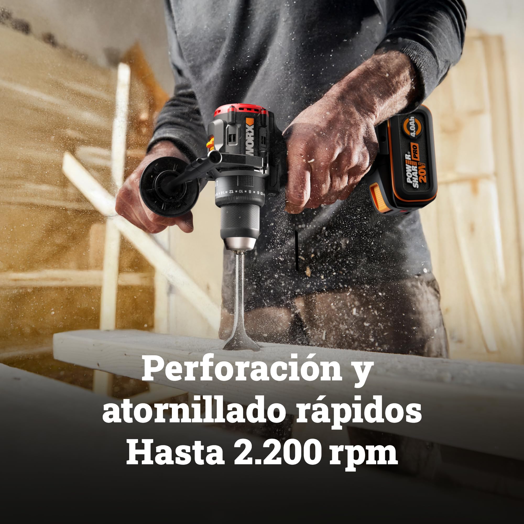 WORX - Taladro atornillador de percusión inalámbrico de 20 V WX356, par máximo de 85 Nm, motor sin rosca, diseño compacto, iluminación led integrada, viene con 2 baterías, cargador, mango auxiliar