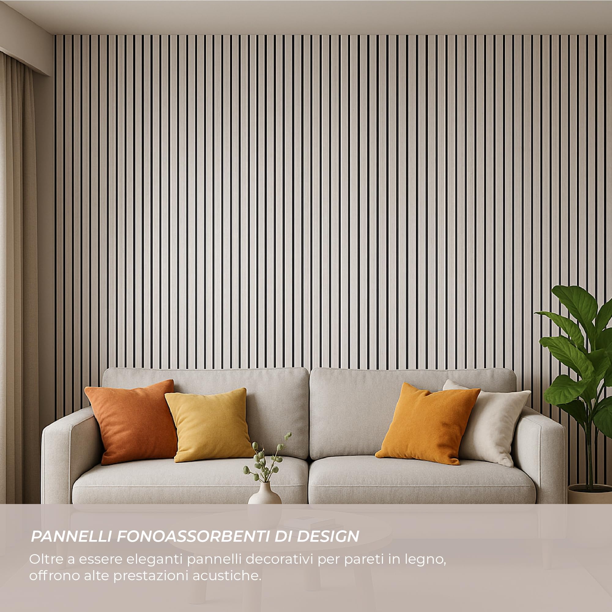 Brigros - Set 2 Pannelli Fonoassorbenti Decorativi In Legno 270x60 Cm Con Doghe In DuroPolimero E Feltro, Pannelli Acustici Insonorizzanti Per Pareti Con Design Moderno (Beige Husk)