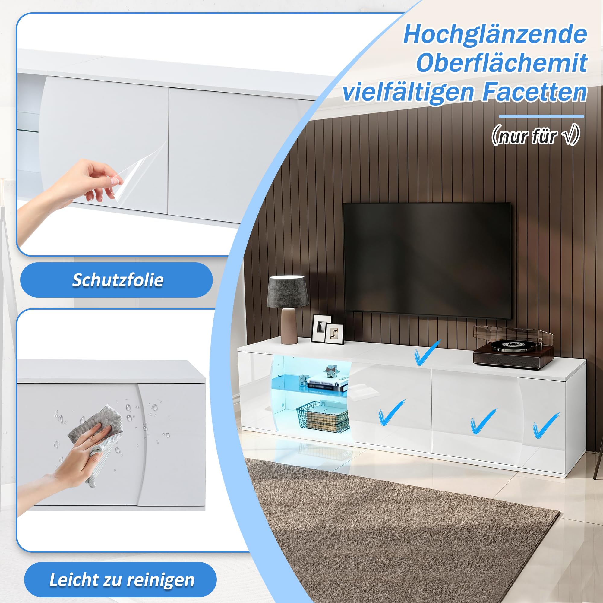 Mobile per TV, lunghezza 180 cm, con 3 ante per TV da 80 pollici, grande capienza, pannello TV basso in truciolato, per soggiorno, mobili, tavolo, credenza, bianco