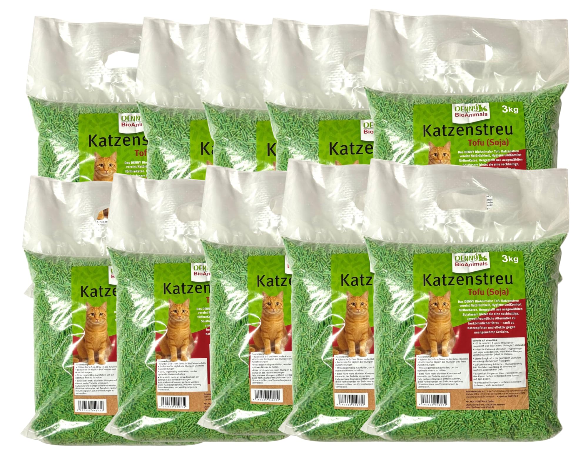 Tofu Katzenstreu 30 kg (10 Säcke je 3 kg), 80 L– 100% natürlich & biologisch abbaubar – Ultra saugstark, klumpend, staubfrei & geruchsneutral – nachhaltige Katzenstreu aus Pflanzenfasern (30 kg)