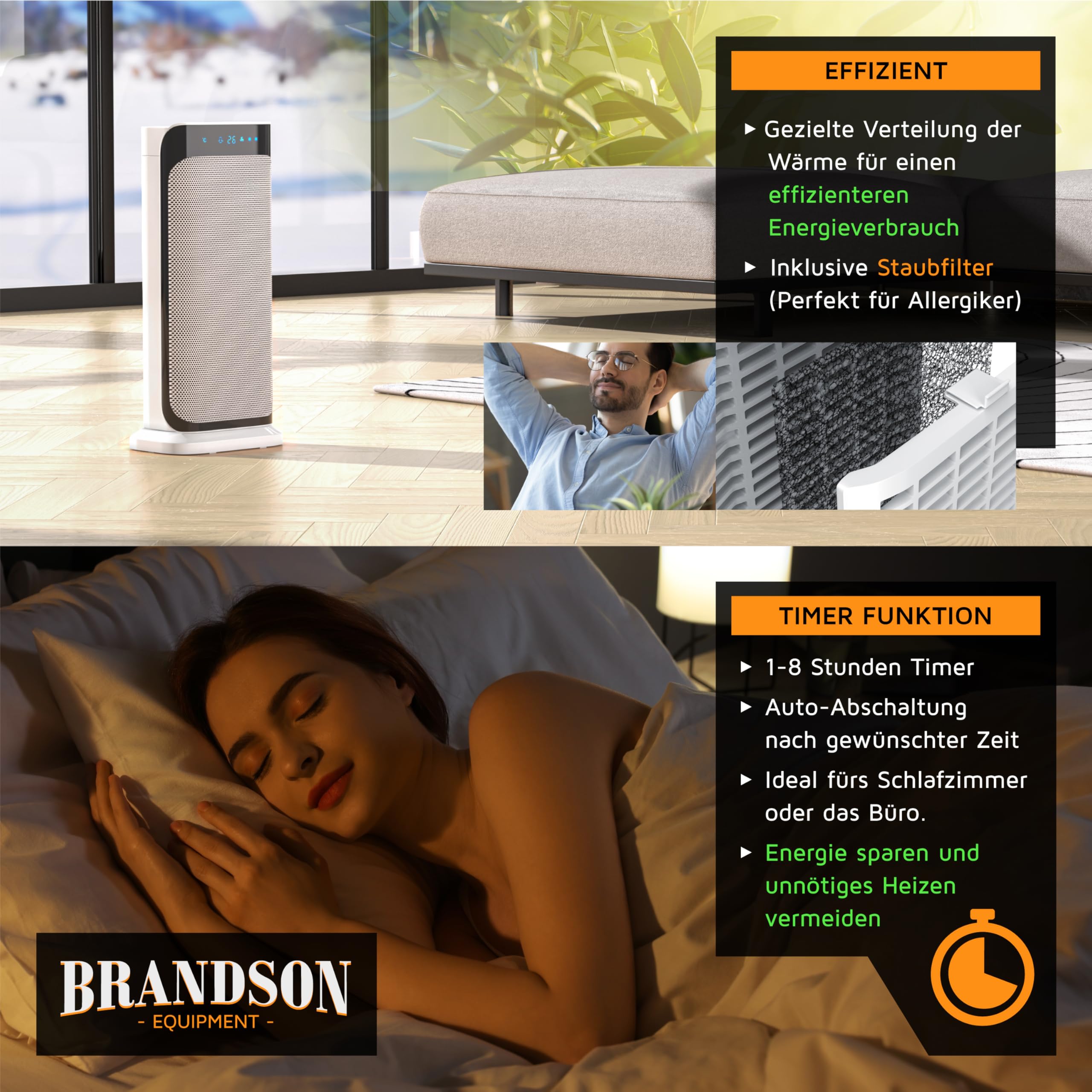 Brandson Heizlüfter 2000 Watt mit Fernbedienung Oszillationsfunktion leise