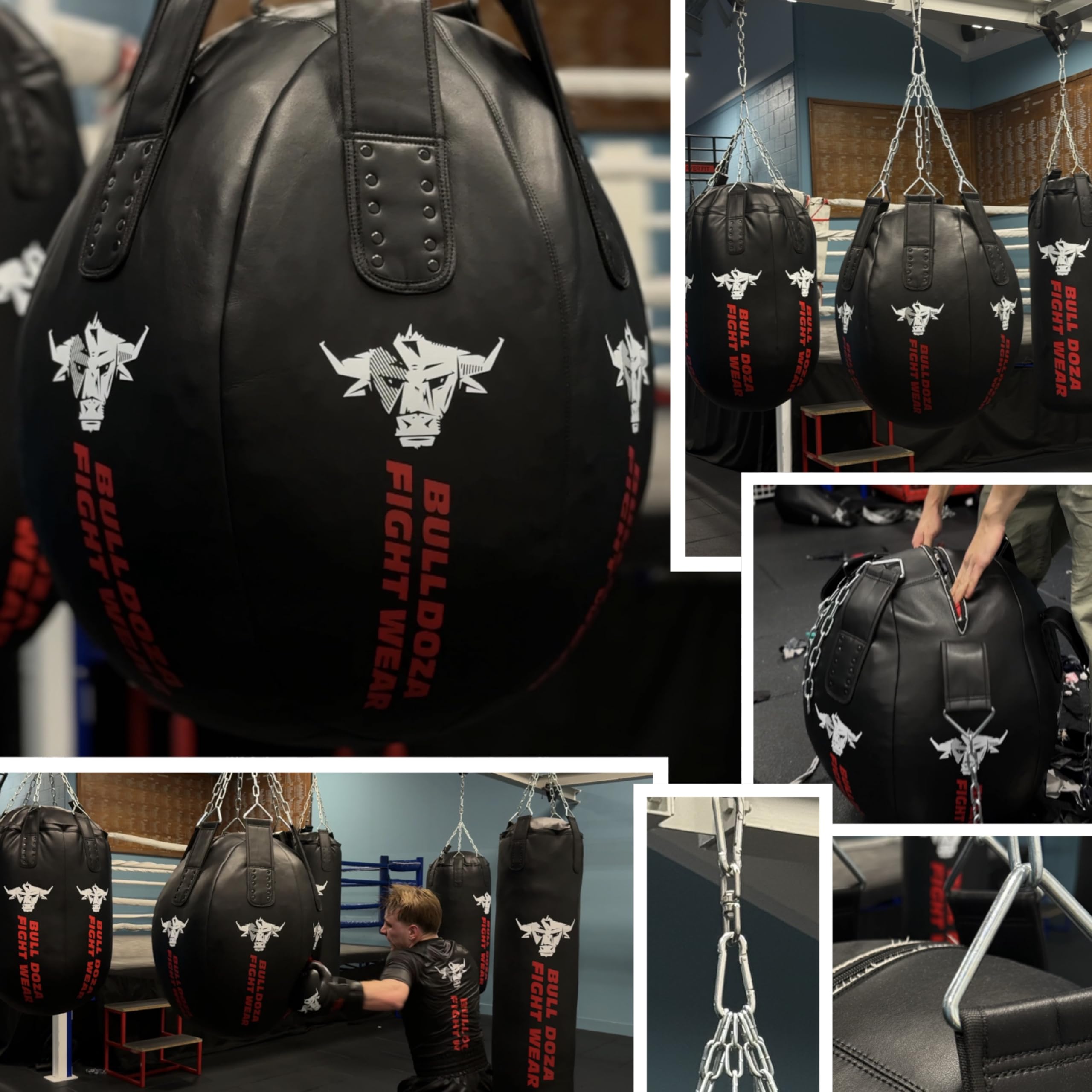 Sacco da boxe XXL BULL DOZA Wrecking Ball (66 × 56 cm) – Borsa uppercut avanzata per boxe, MMA e Muay Thai – Design ad angolo a 6 pannelli con catene, girevoli e clip