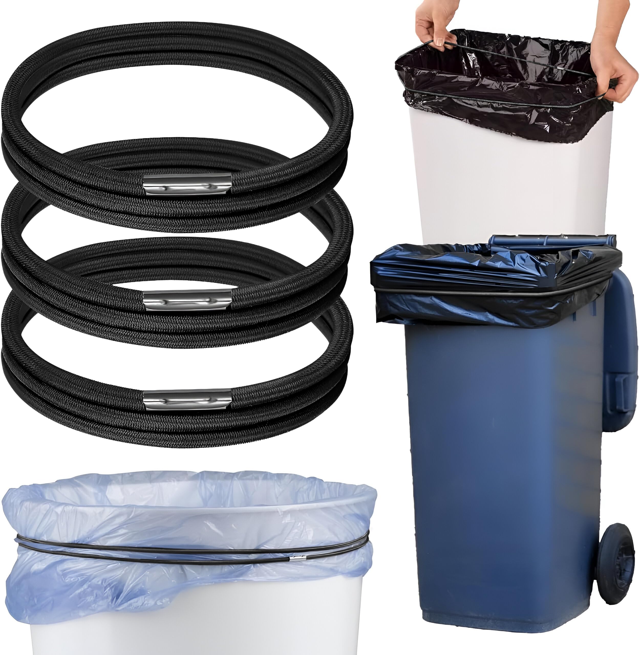 Mission Gallery Trash Can Rubber Bands Set of 3 - Elastic Garbage Can Bands with Metal Connector, Fits 13 to 33 Gallon Trash Bags - Gripper Trash Can