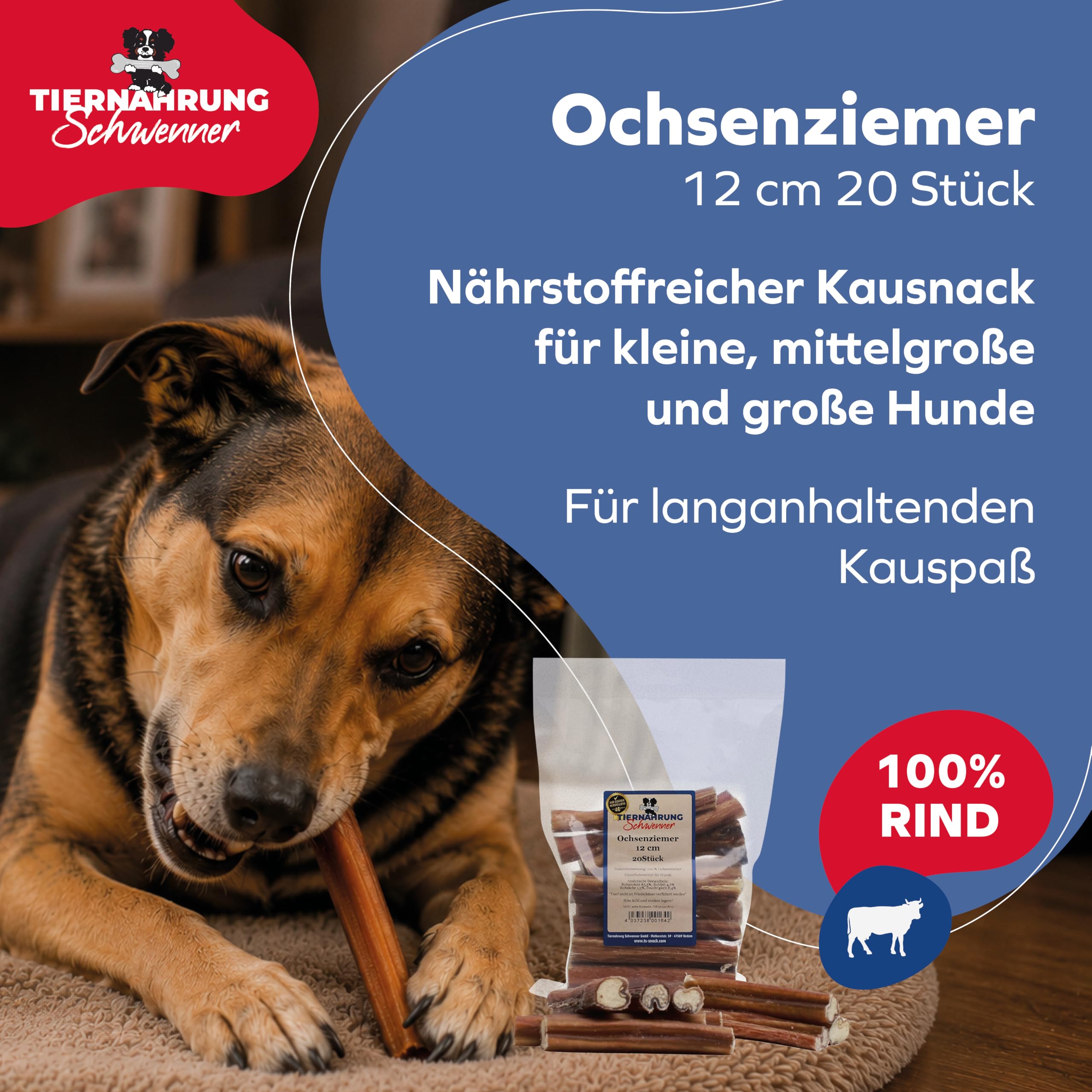 Ochsenziemer für Hunde – 12cm große Kauartikel - 20 Stck. für langanhaltenden Kauspaß