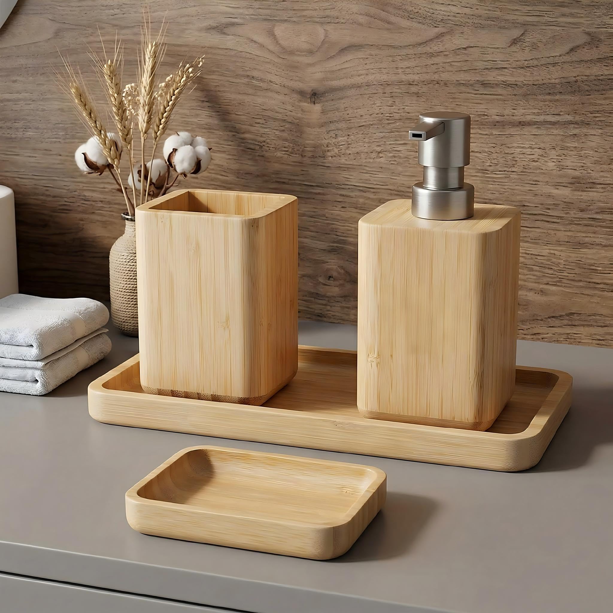 Set di accessori da bagno in bambù naturale con dispenser di sapone, portaspazzolino e portasapone e vassoio, realizzato a mano, design impermeabile