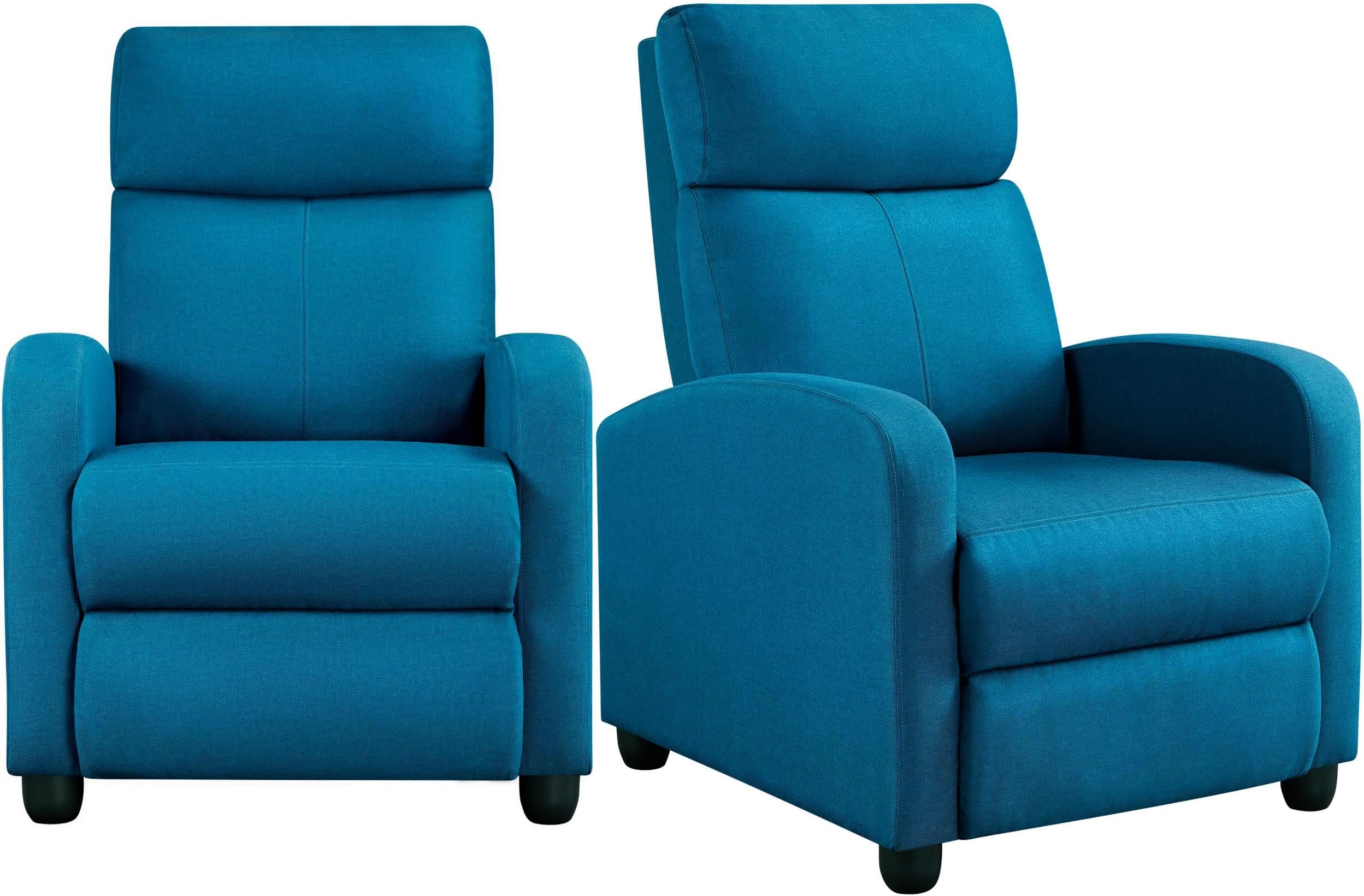 2-Seat Fabric Pushback Recliner Chair with Thick Seat Cushion and Backrest Reclining Chair for Living Room Home Theater Blue