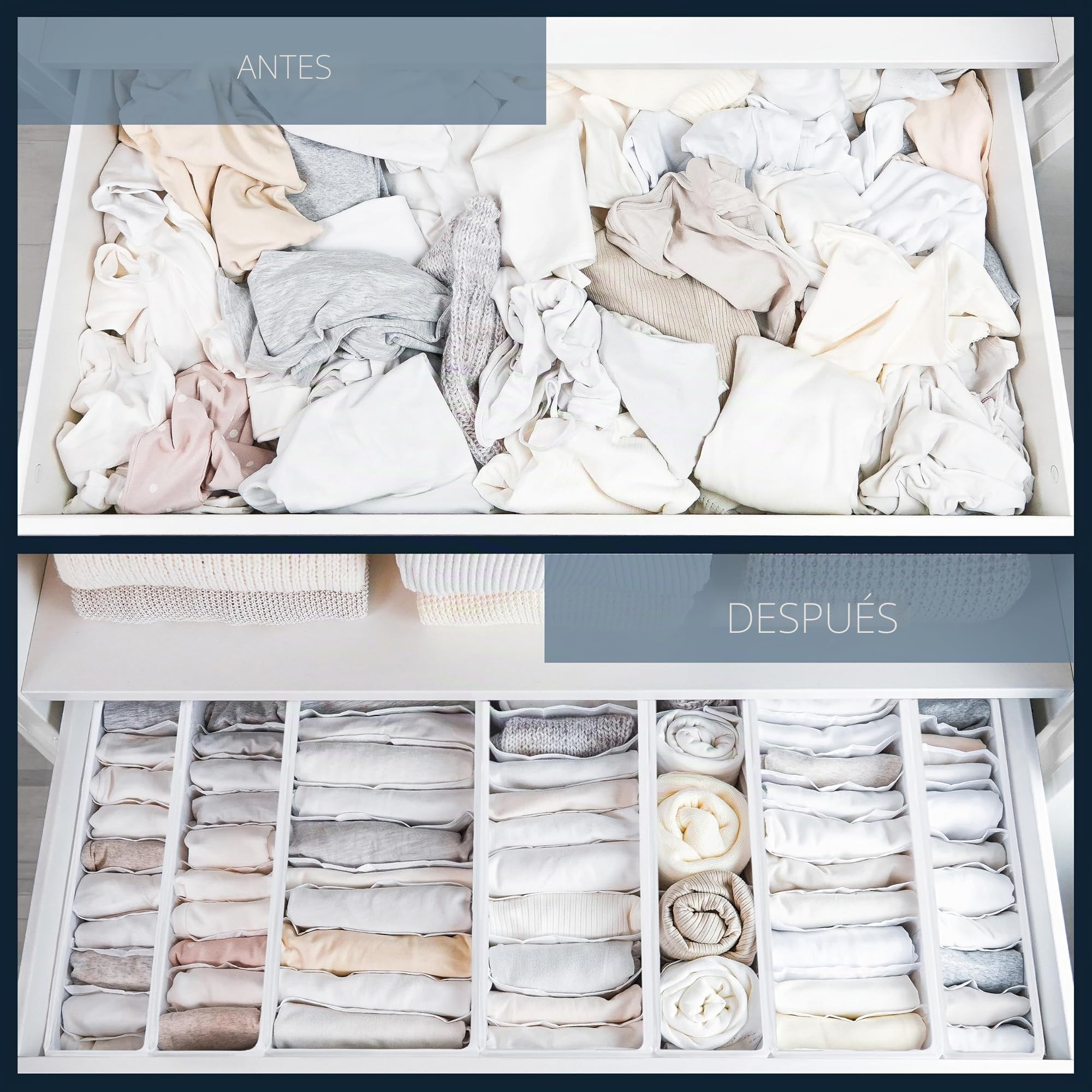 ROW&LINE® – Conjunto organizador – Compartimentos altos para artículos de bebé, ropa interior y prendas de vestir – Sistema divisor de cajones – armarios y cajones – Blanco – Tamaño: 2x XS | 2x S