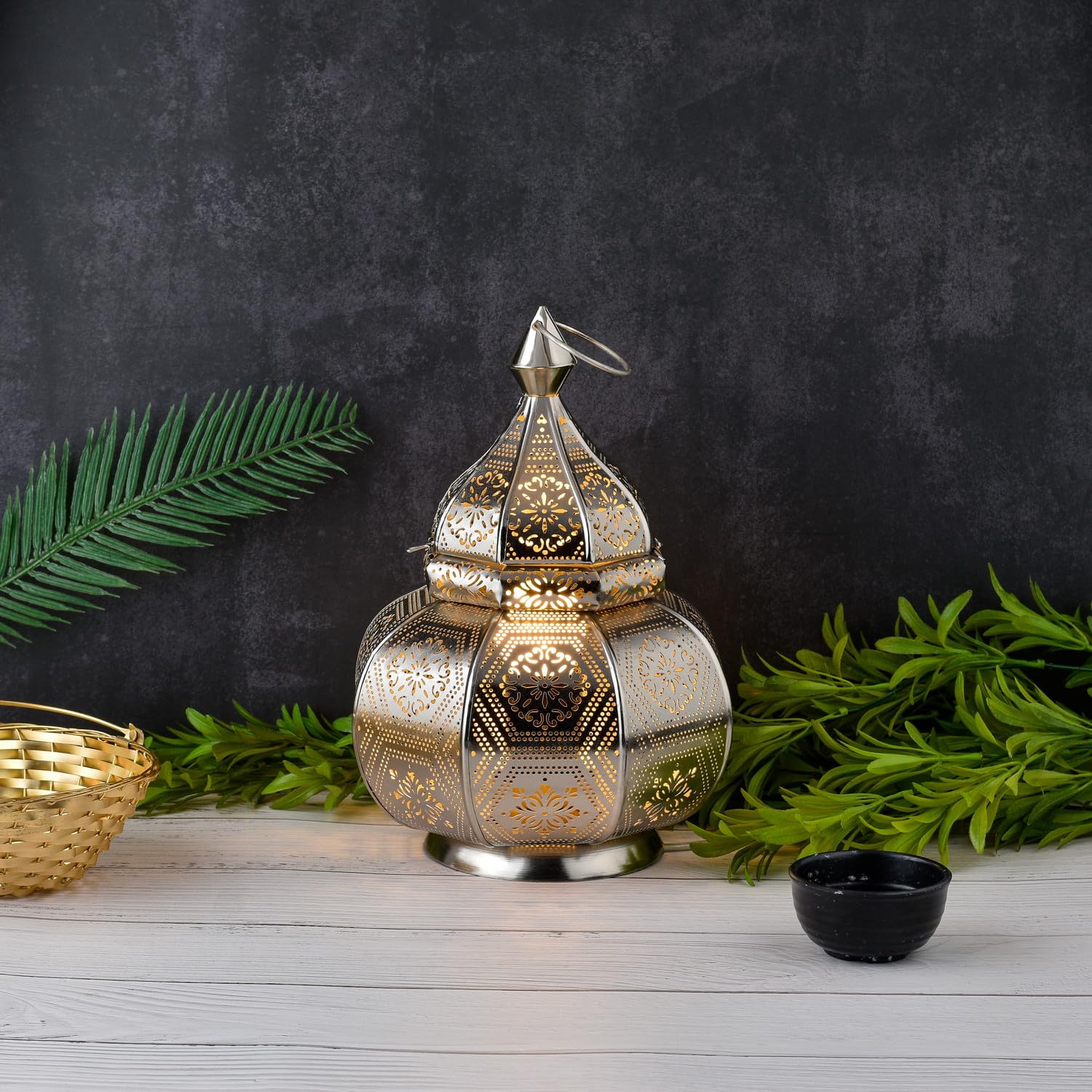 Zestaw 2 lamp i latarni Marrakeszu w jednym z metalu o wielkości 30 cm | Lampa stołowa Mahana srebrna jako orientalna dekoracja