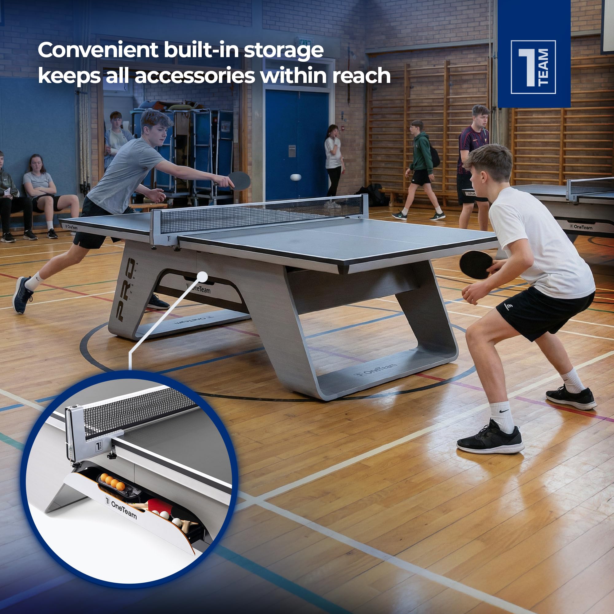 OneTeam Tischtennisplatte Indoor Profi – 22mm MDF Turnierplatte – 274x152,5x76 cm – Stabil 147kg – Mit Netz & Schublade – OT-TTI-PRO Schwarz/Bambus Design