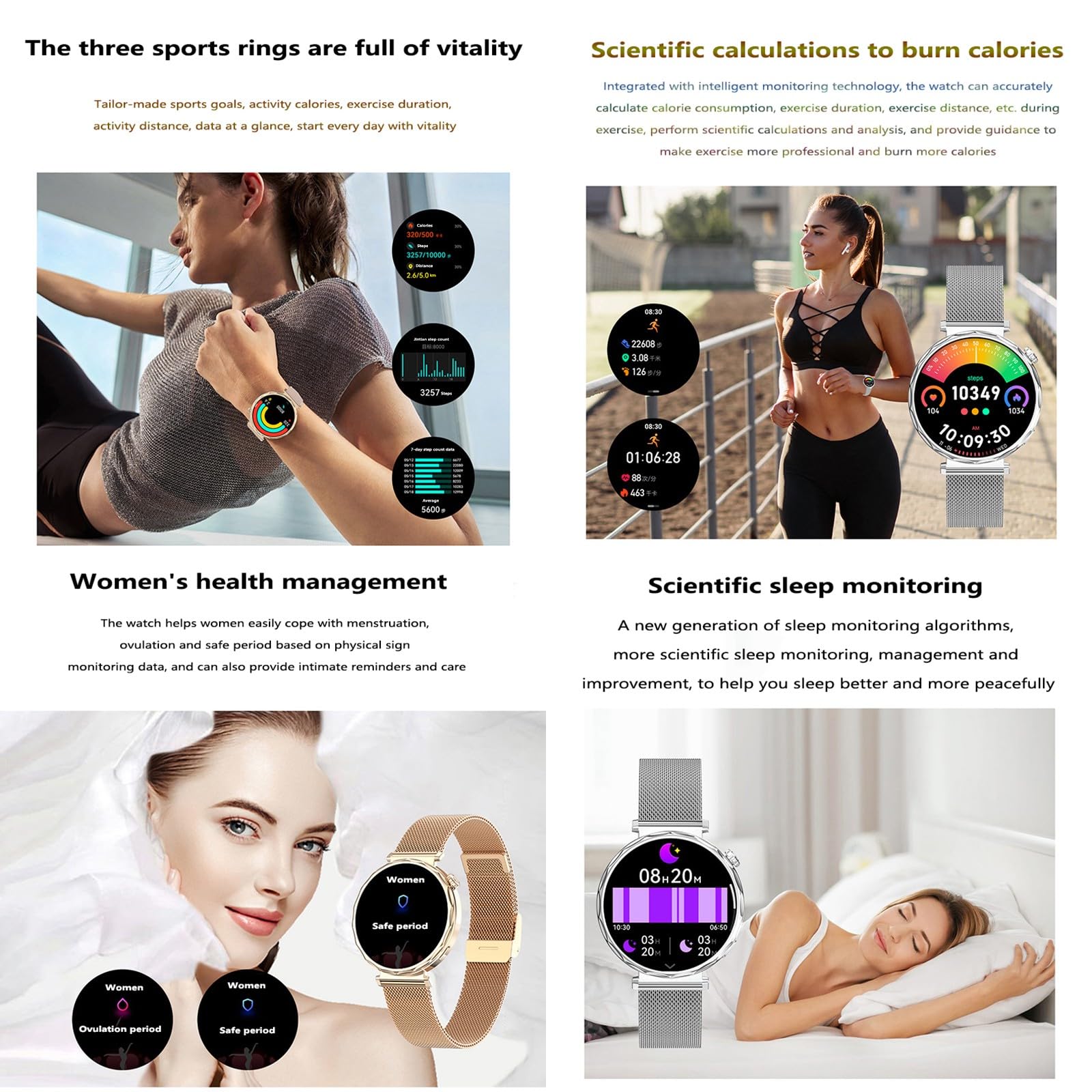 Reloj Inteligente Mujer podómetro, monitoreo de frecuencia cardíaca, medición de presión Arterial, Entretenimiento Social, Llamadas Bluetooth, recordatorios Inteligentes