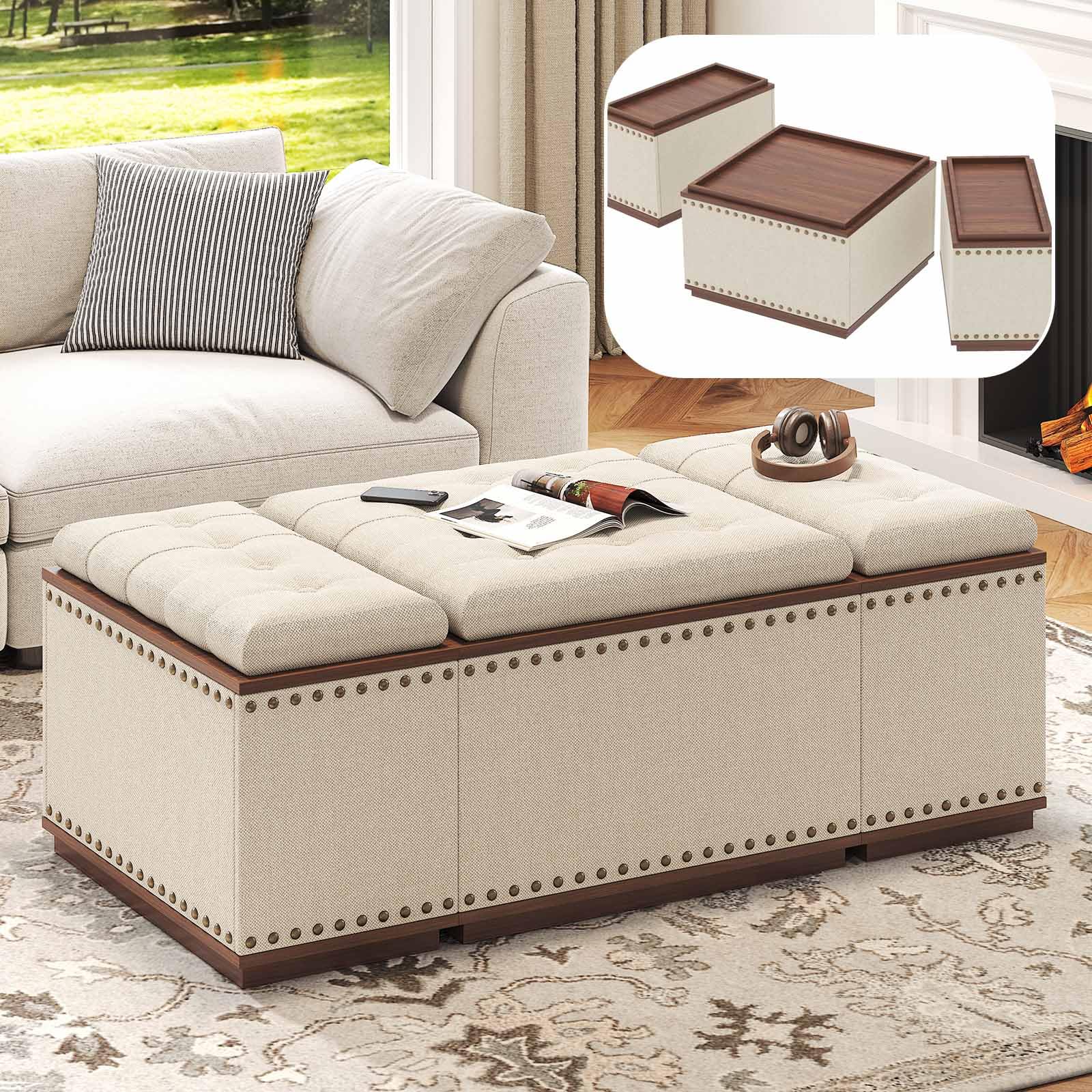 HSH 47 Inch Ottoman Coffee Table with Storage Living Room Ottoman Bench with Reversible Tray for Bedroom Entryway