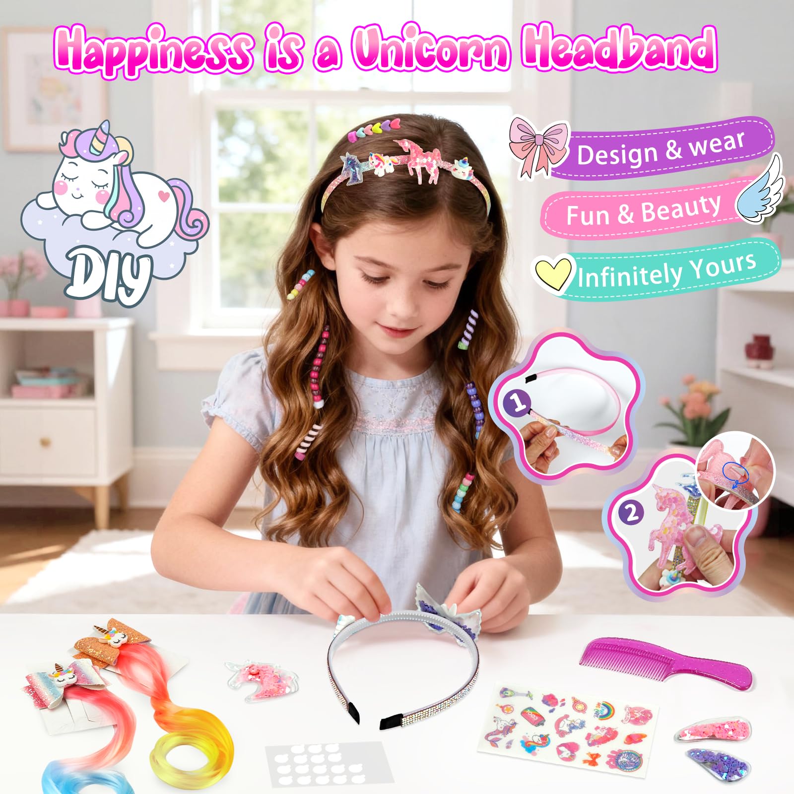 Fozcmisw Regalo Bambine 5 6 7 8 9 Anni – Set Accessori per Capelli Bambine con Macchina per Intrecciare Capelli, Perline per Capelli Fai da Te e Aiuto per Trecce, Cerchietto Unicorno e Fermagli per