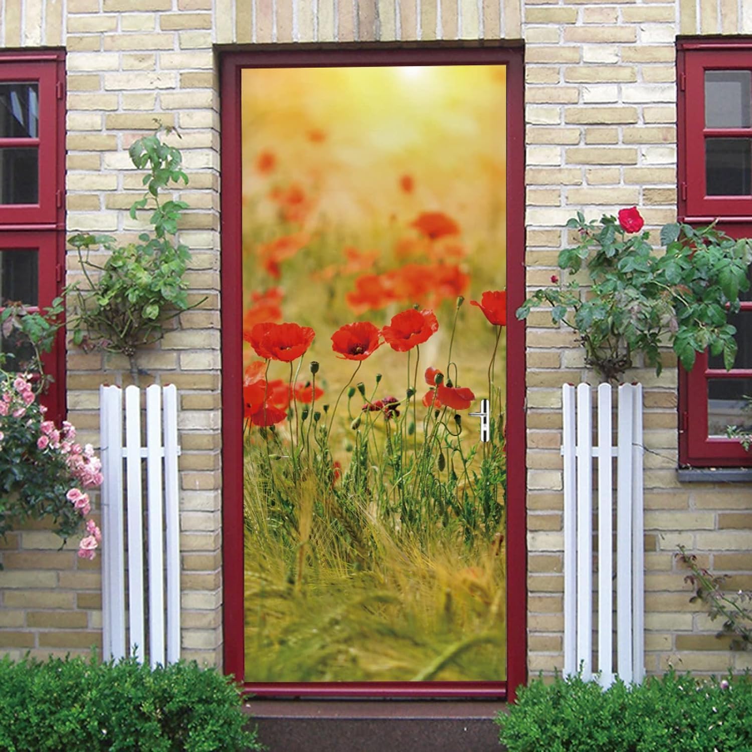 Sticker Porte Fleur de Pavot, Stickers Porte Trompe L'oeil Fleurs Autocollant Poster Auto-Adhésif Art Décor Pour Chambre Salon Salle de Bain Papier Peint 95x215 cm 799z