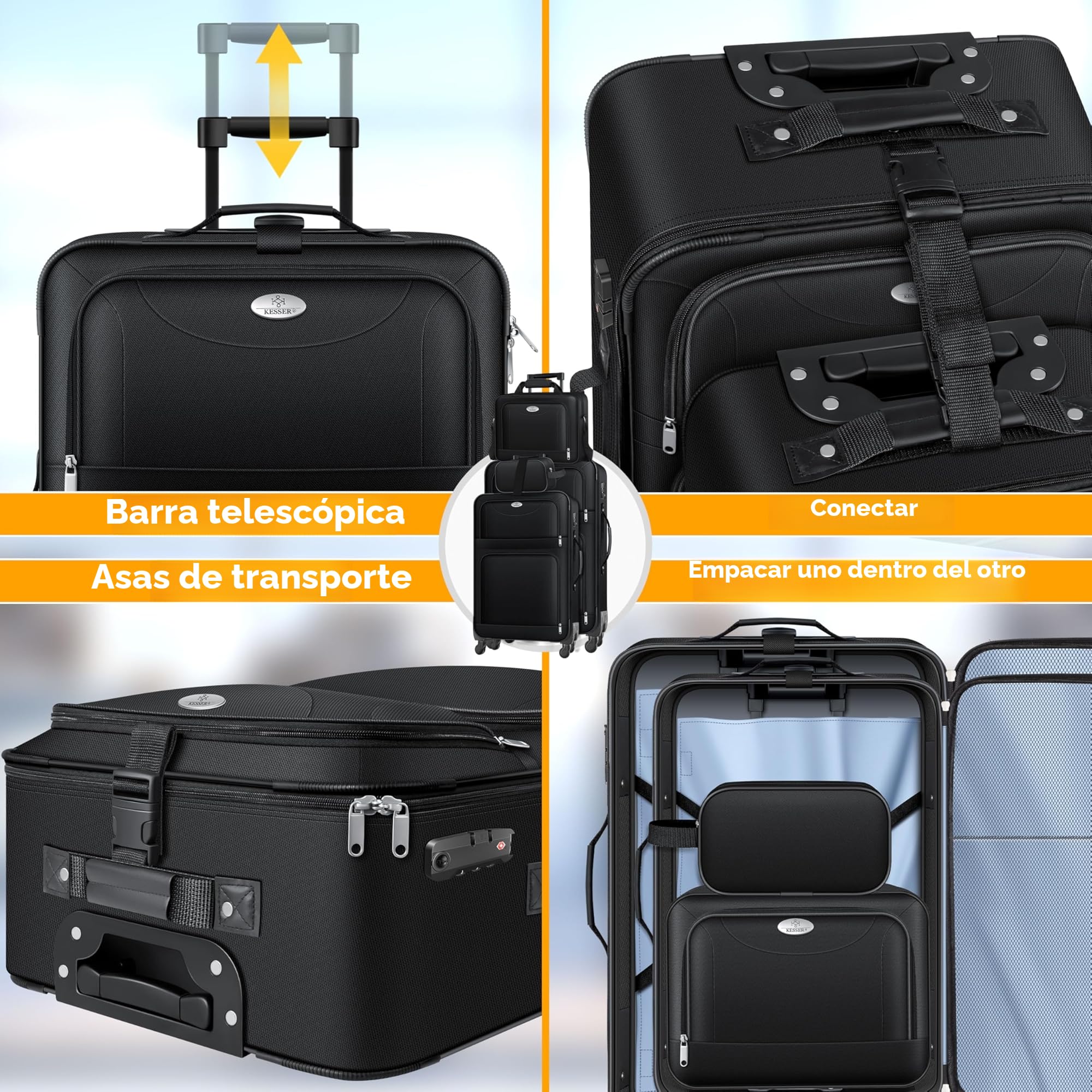 KESSER® Set de maletas de viaje de 4 piezas | Juego de maletas con trolley, maleta de tela con cerradura TSA de 3 dígitos, ruedas de 360° y asa telescópica | Bolsa de cosméticos, maleta de mano