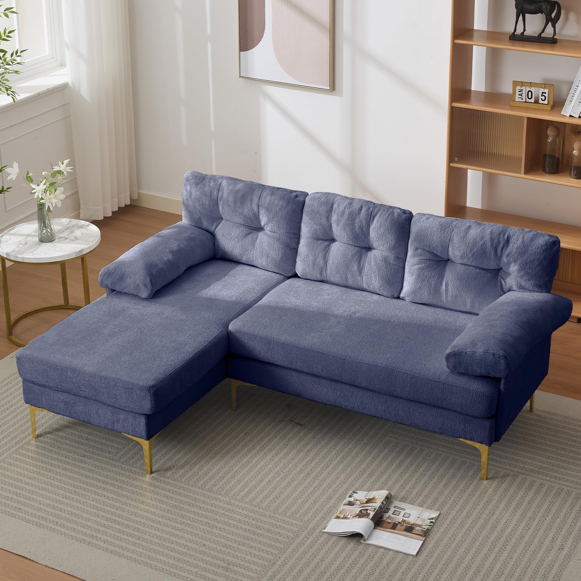 Divano angolare modulare a forma di L, 187 cm, con funzione letto, in morbida ciniglia e piedini in metallo, comodo divano con seduta profonda, per soggiorno e camera da letto, blu