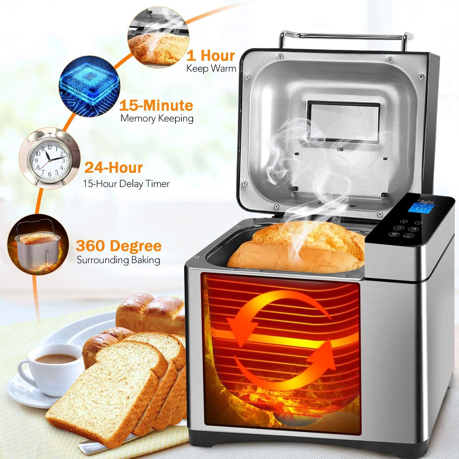 Máquina para Hacer Pan, máquina para Hacer Pan Completamente automática, dispensador automático de nueces 15 en 1, máquina para Hacer Pan con Temporizador de retardo, 1 Hora para Mantener Caliente