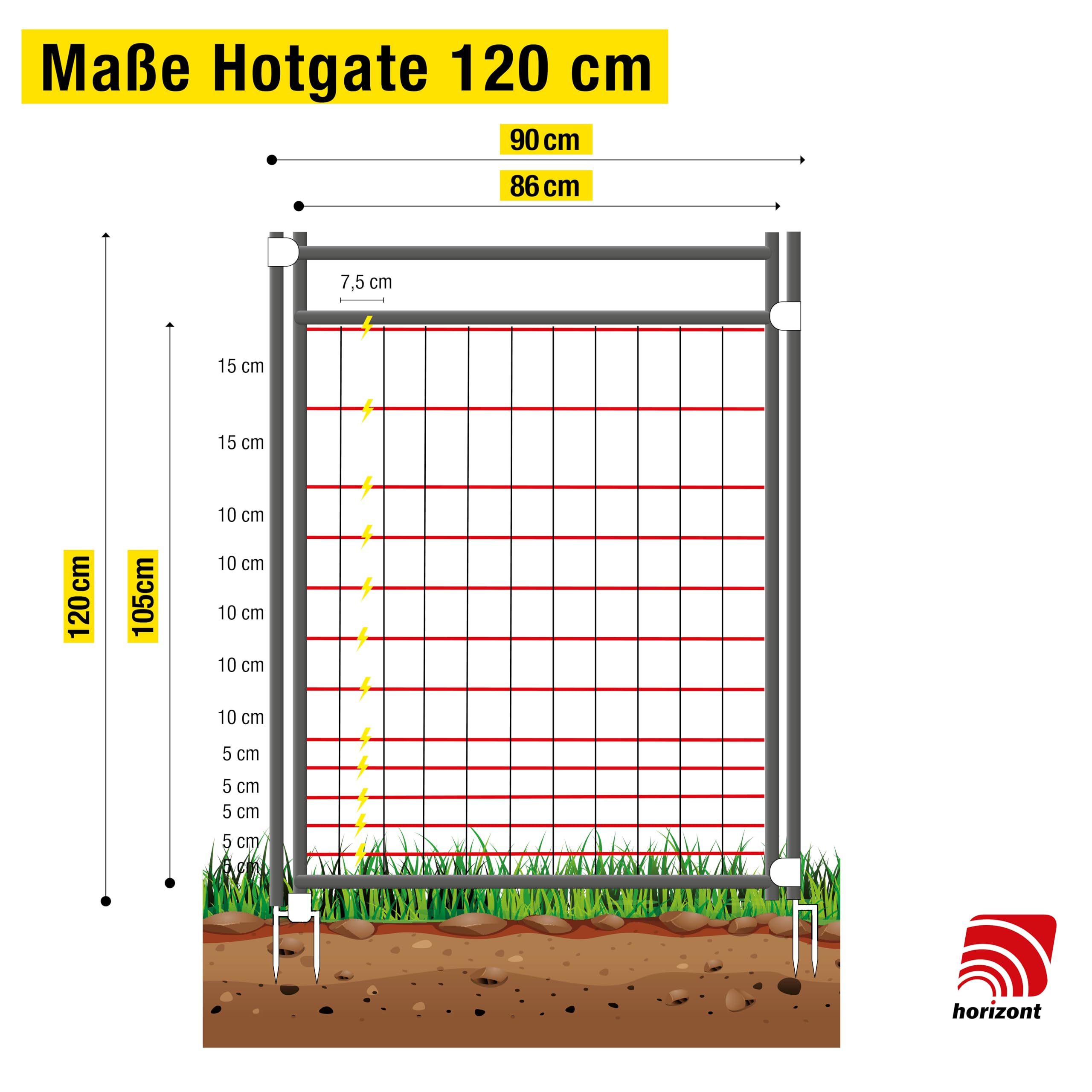 horizont Hotgate Weidetor – Tor für Weidezaun 105-120 cm Höhe, elektrifizierbare Zauntür mit 86 cm breitem Durchgang, Schafzaun Tür, stabiles Weidezaun Tor, Gartenzaun Tür mit Stromführung