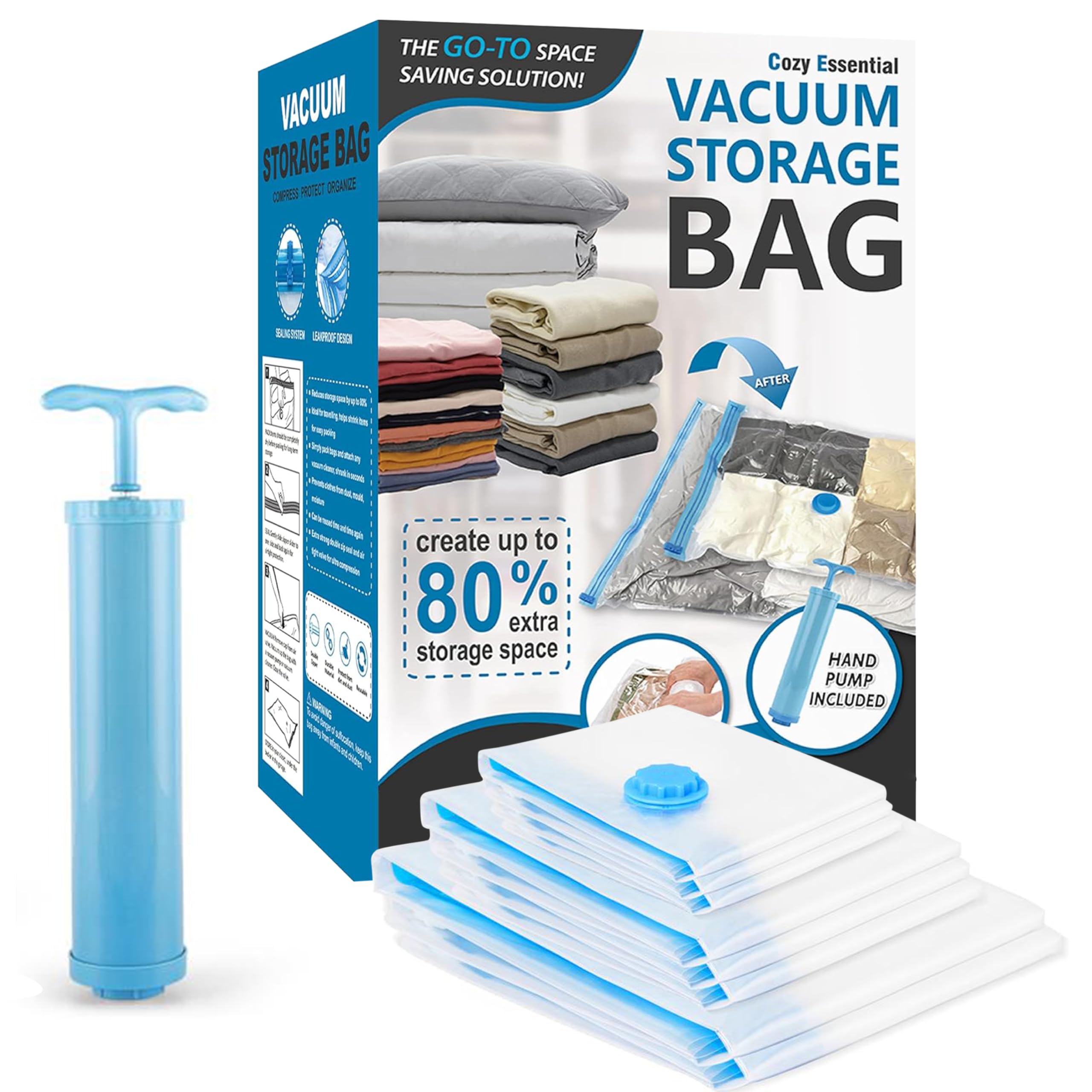 8.Pcs Combo ( 3.Pc Small + 3.Pc Medium + 2.Pc Large ) + 1 Hand Pump | Lifetime Reusable Vacuum Storage Space Saver Bags | 80% More Compression | 3 Size Variety Pack