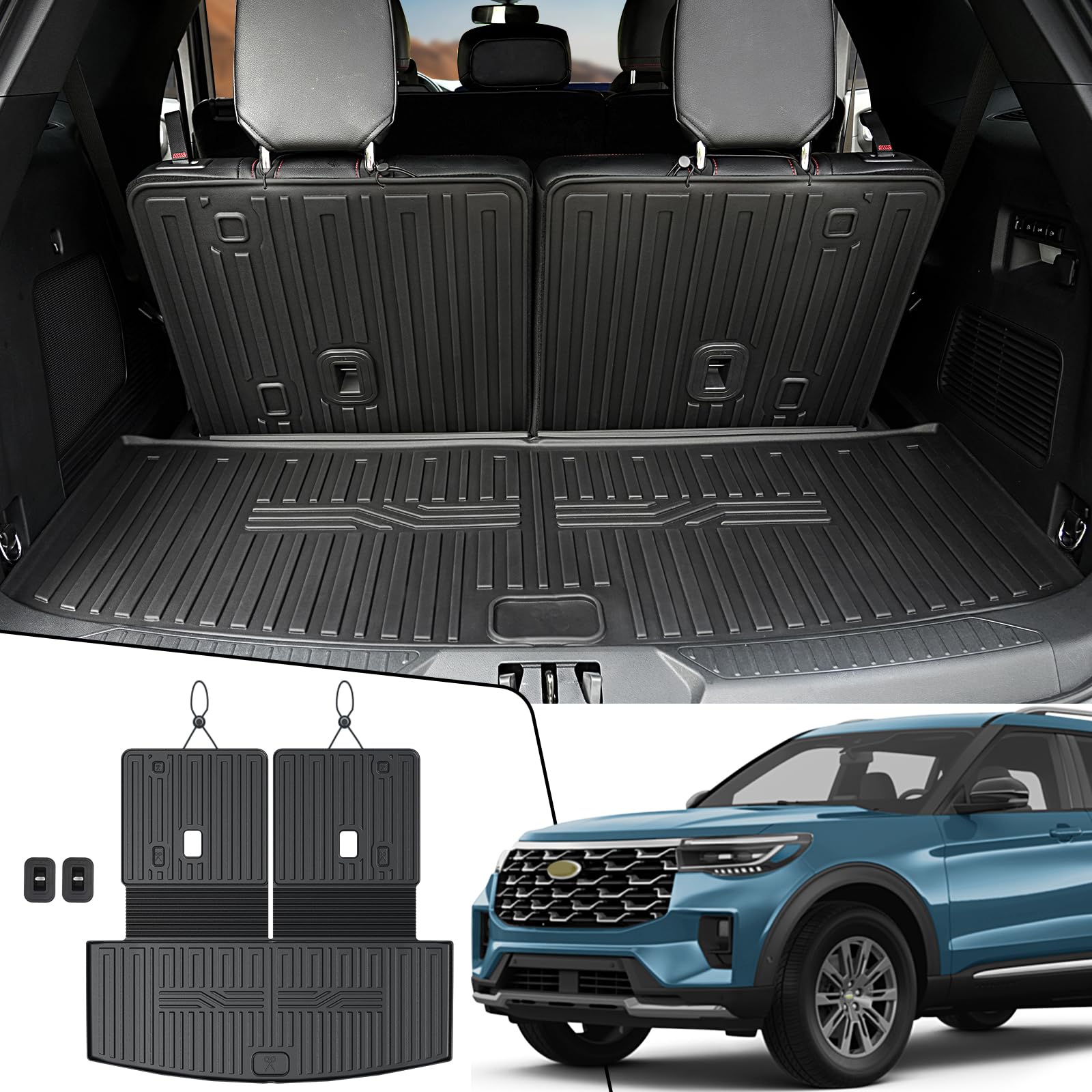 Cargo Mat with Backrest Mats for 2020-2025 2026 Ford Explorer Car Mat Accessories, All Weather TPE Cargo Liner Trunk Mat Active/ST Line/ST/Platinum(Cargo Mat with Backrest Mats)