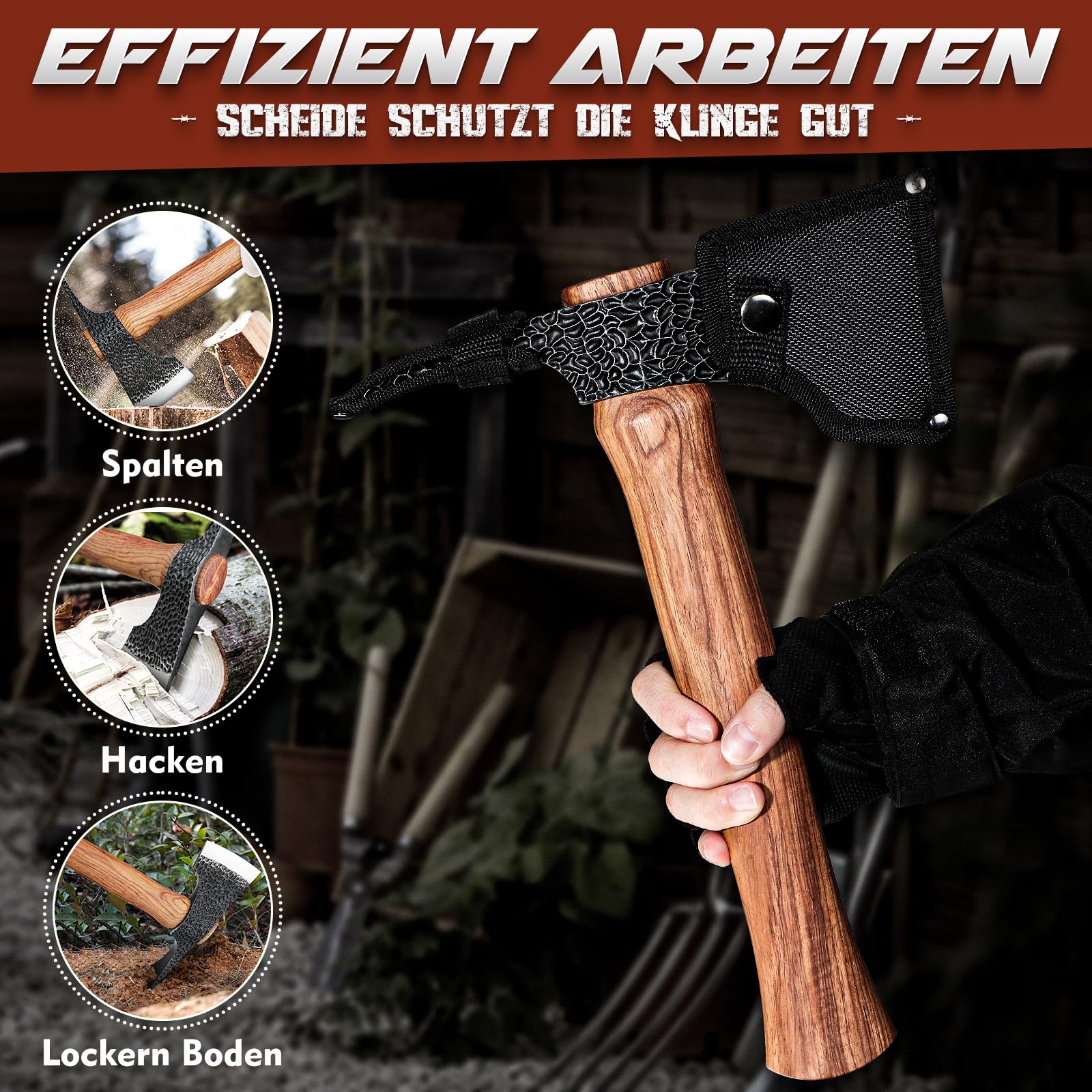 Purple Dragon 2 in1 Beil Axt und Gartenhacke,Axt Holz Spalten Handgeschmiedet Spaltaxt mit Holzgriff,Outdoor Axt Set mit Scheide und Camping Gabel für Garten Wald Survival,Geschenke für Männer