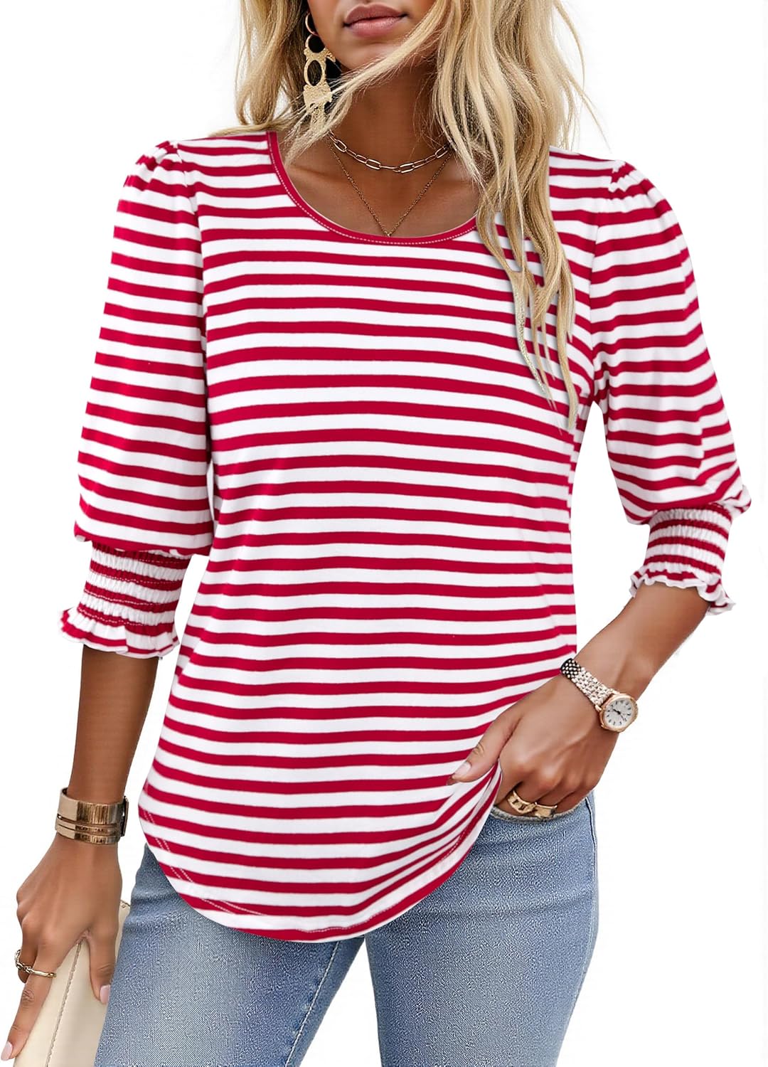 LilyCoco Striped Shirt Women 3/4 Sleeve Boat Neck Casual Tunics Loose Fit T Shirt - Image 2