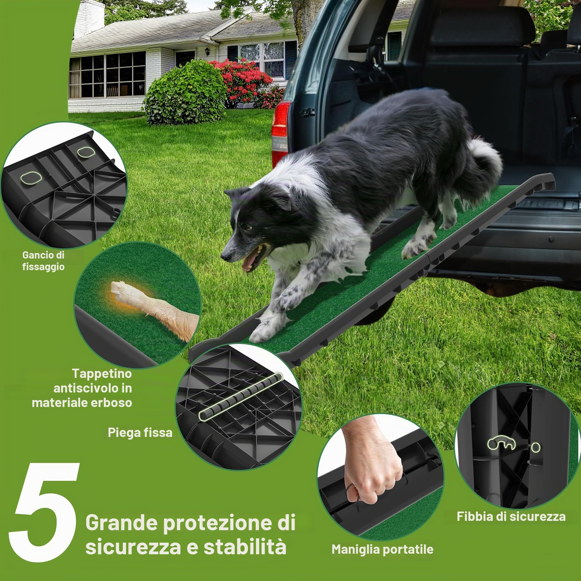 Rampa per cani pieghevole con erba artificiale, rampa per cani antiscivolo fino a 90 kg, scala per cani grandi e piccoli, rampa per bagagliaio auto, scala per cani, 156 x 40 cm, verde