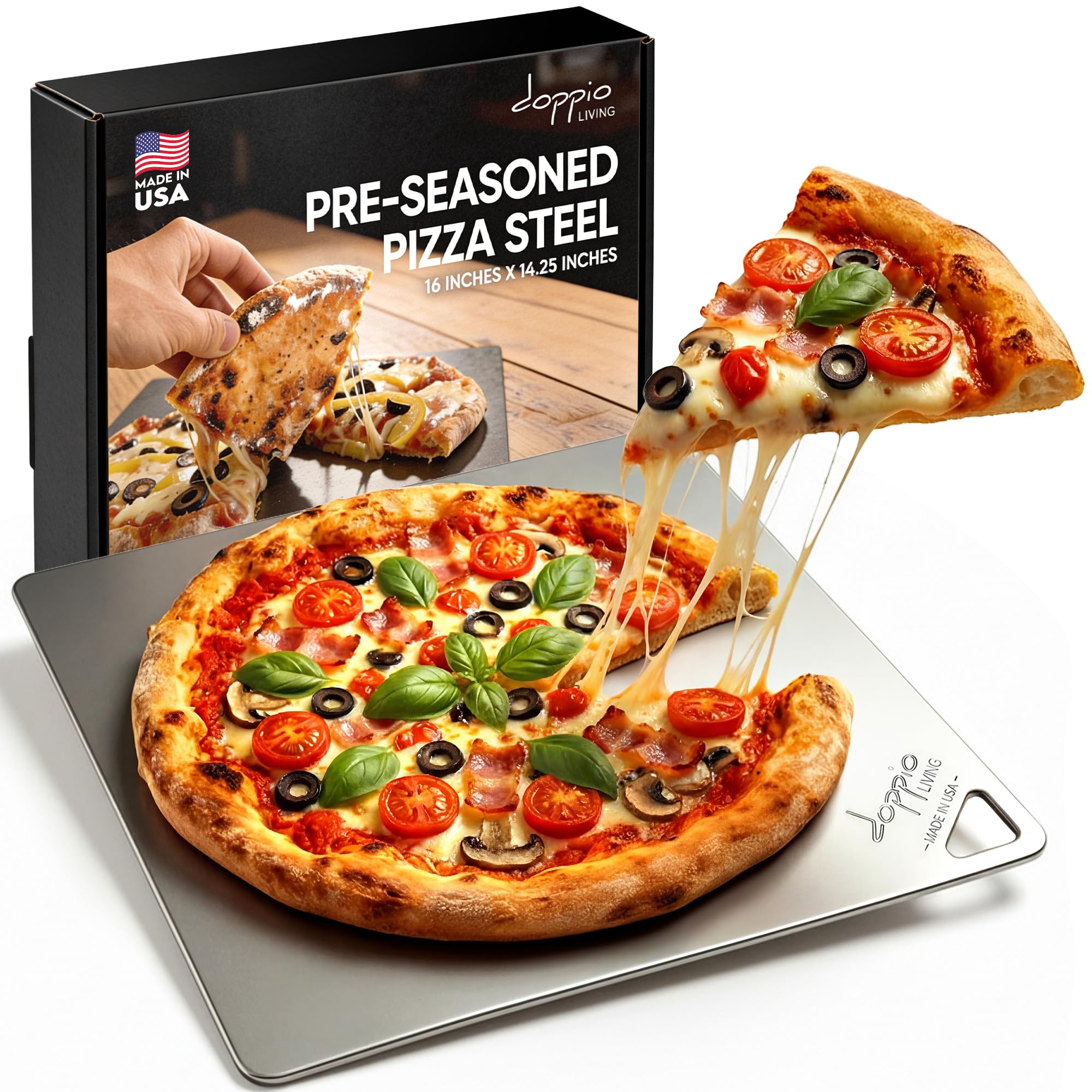 Doppio Living Pizza Steel for Oven | Made in USA | 16" x 14.25" | Pre-Seasoned Baking Steel for Bread, Pizza, Sourdough & More | Premium Quality Crust